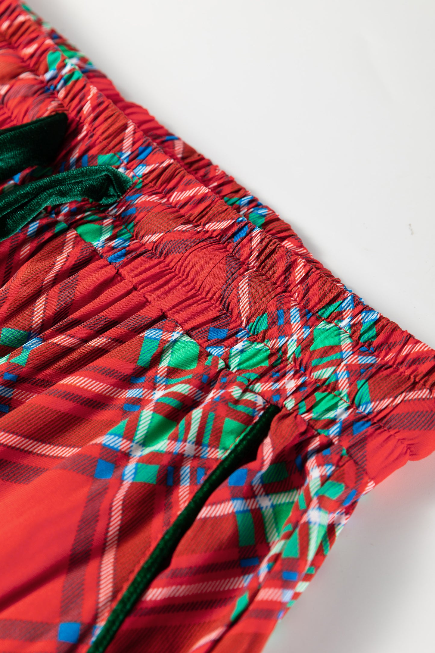 Fiery Red Plaid Satin Pajama Set with Contrast Velvet Ties
