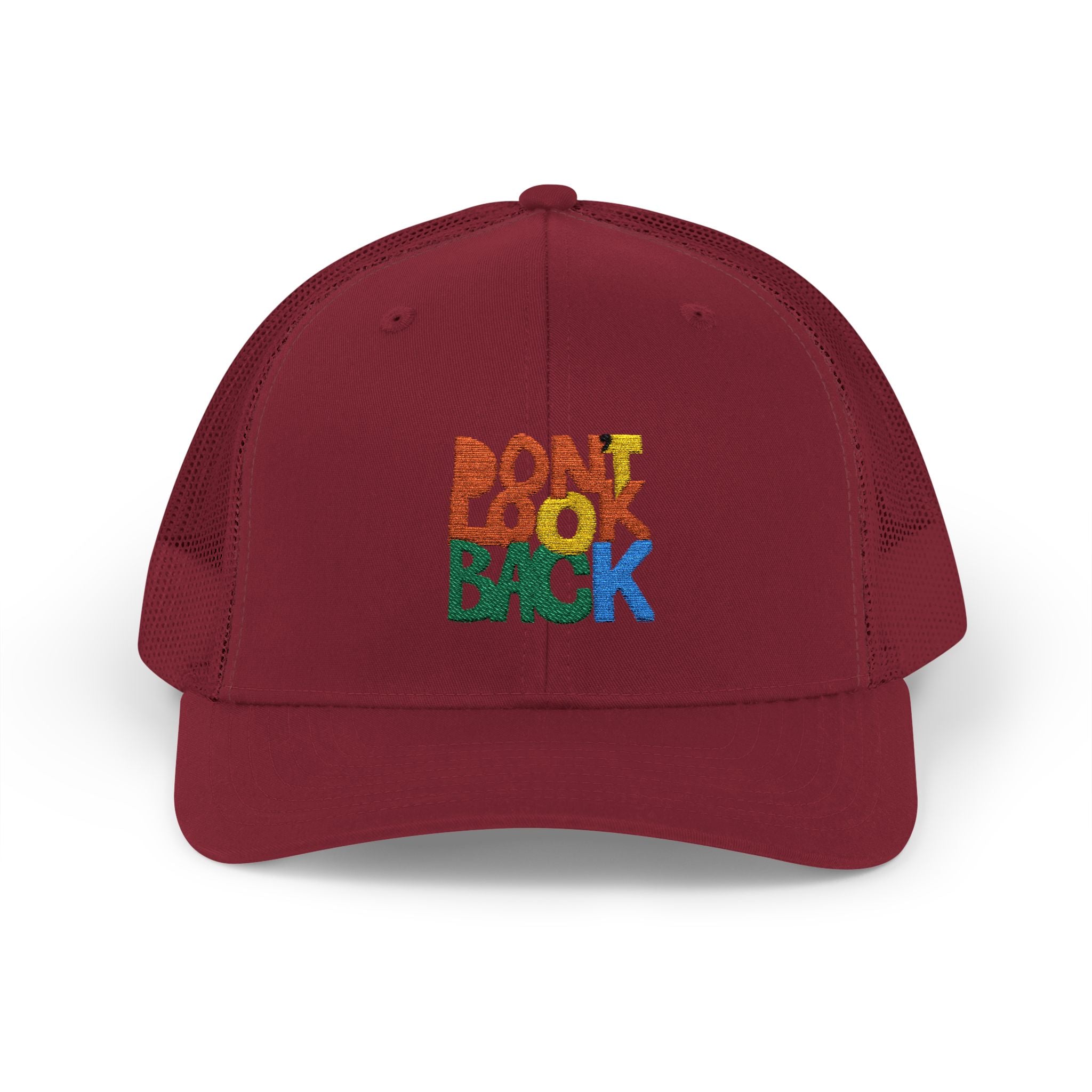 Don’t Look Back Snapback Trucker Cap — Retro Rainbow Embroidered Hat