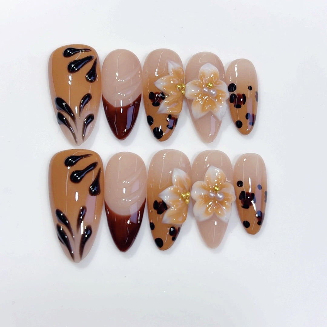 Amber Bloom: "Leopard & Flower" – Long Almond Handmade Press On Nails – Image 3