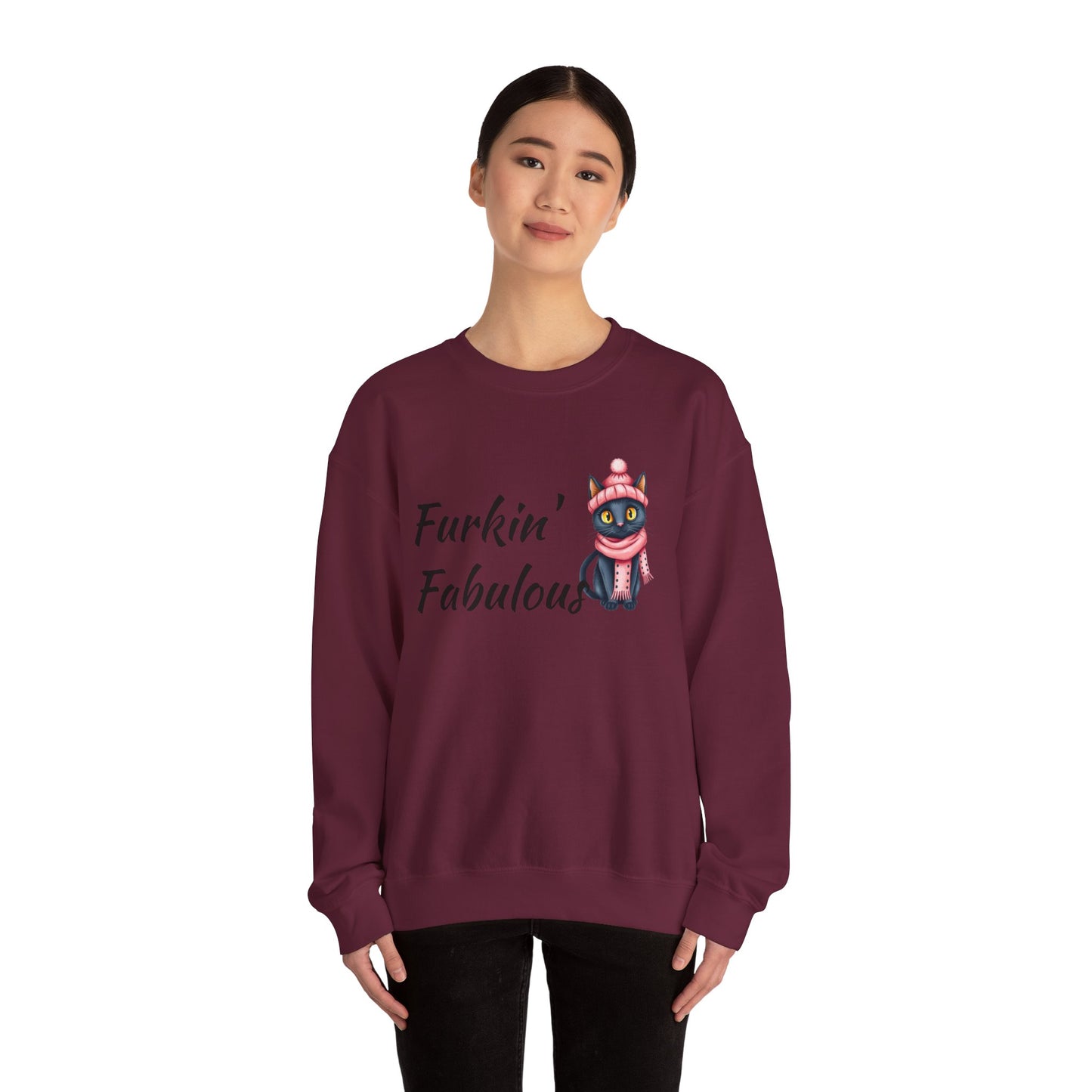 Crewneck Sweatshirt — "Furkin' Fabulous" Cute Black Cat in Pink Hat & Scarf