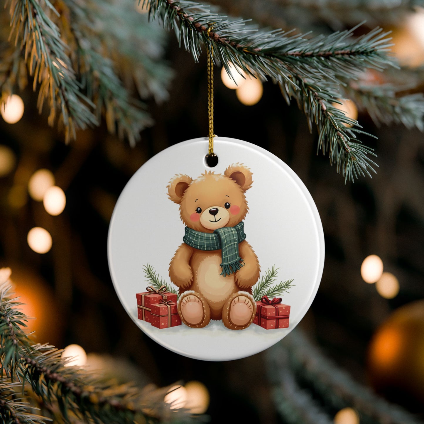 Teddy Bear Christmas Ornament — Cute Holiday Ceramic Tree Decor (Two-Sided)