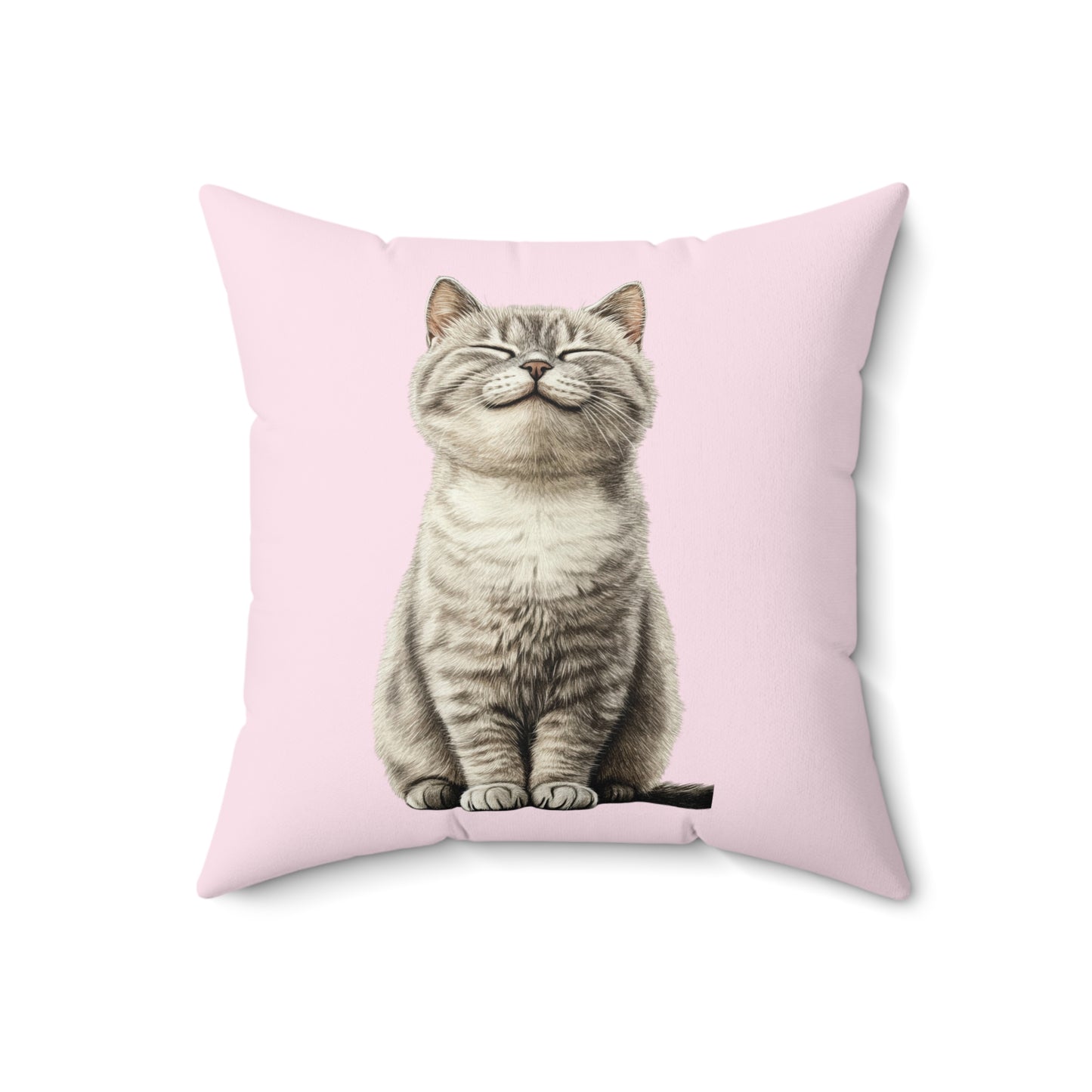 Smiling Cat Throw Pillow — Cute Grey Kitten on Pink Decorative Pillow