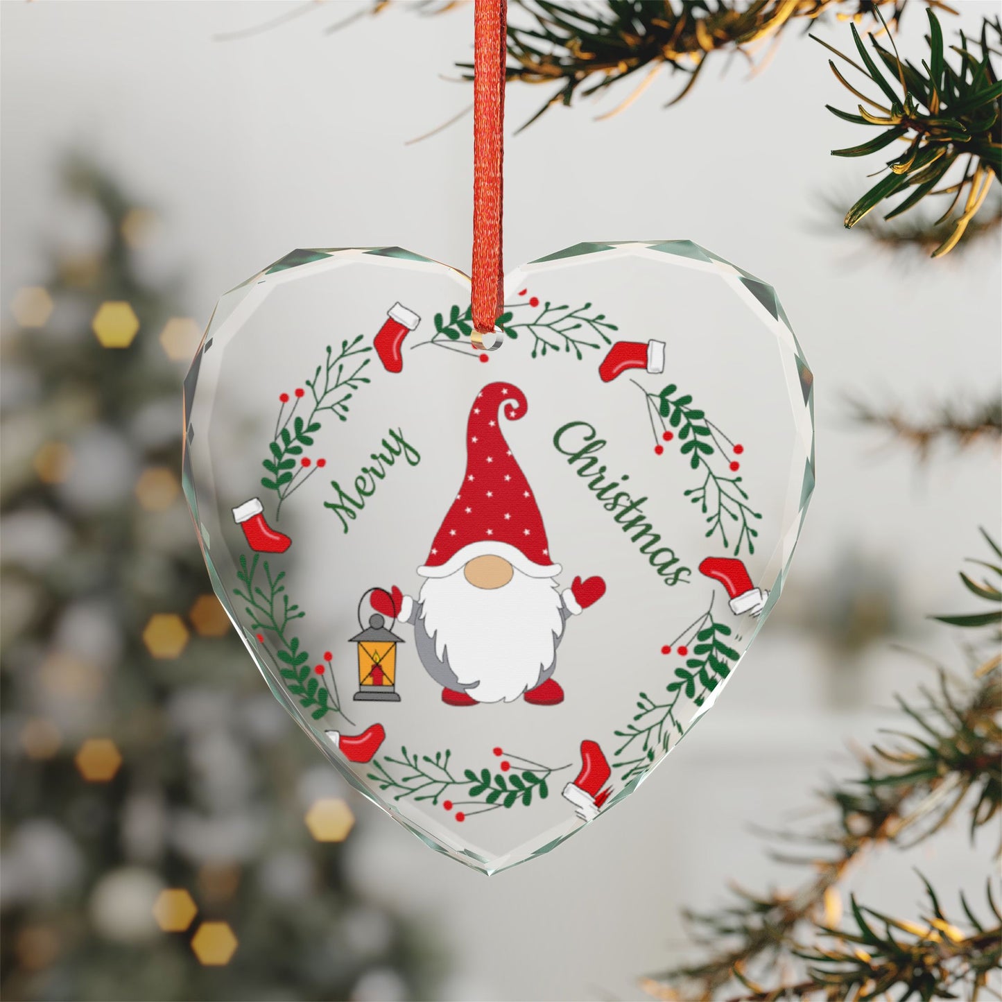 Heart Crystal Ornament — Merry Christmas Gnome Holiday Decoration
