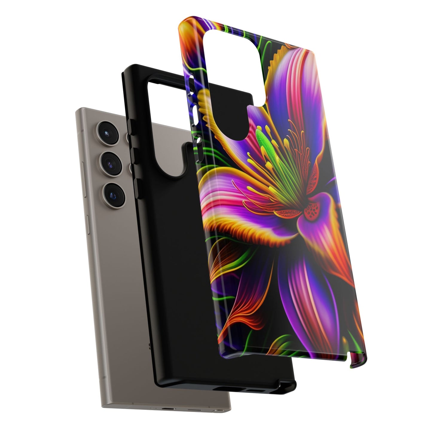 Floral Neon Tough Phone Case — Vivid Purple & Orange Lily Protective Cover