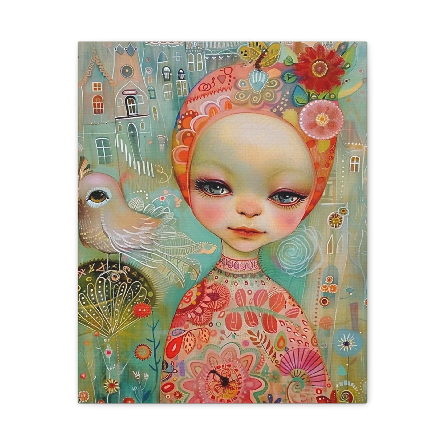 Whimsical Girl & Bird Matte Canvas Wall Art — Stretched Decorative Painting
