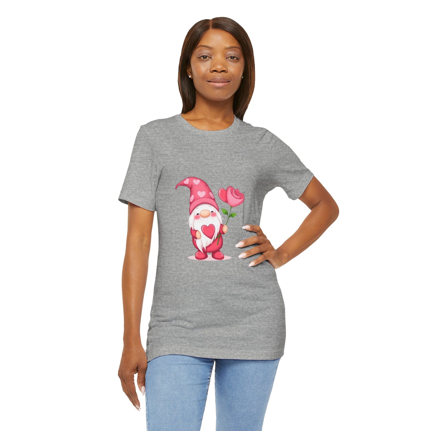 Valentine Gnome T‑Shirt — Cute Pink Gnome Holding Rose Tee