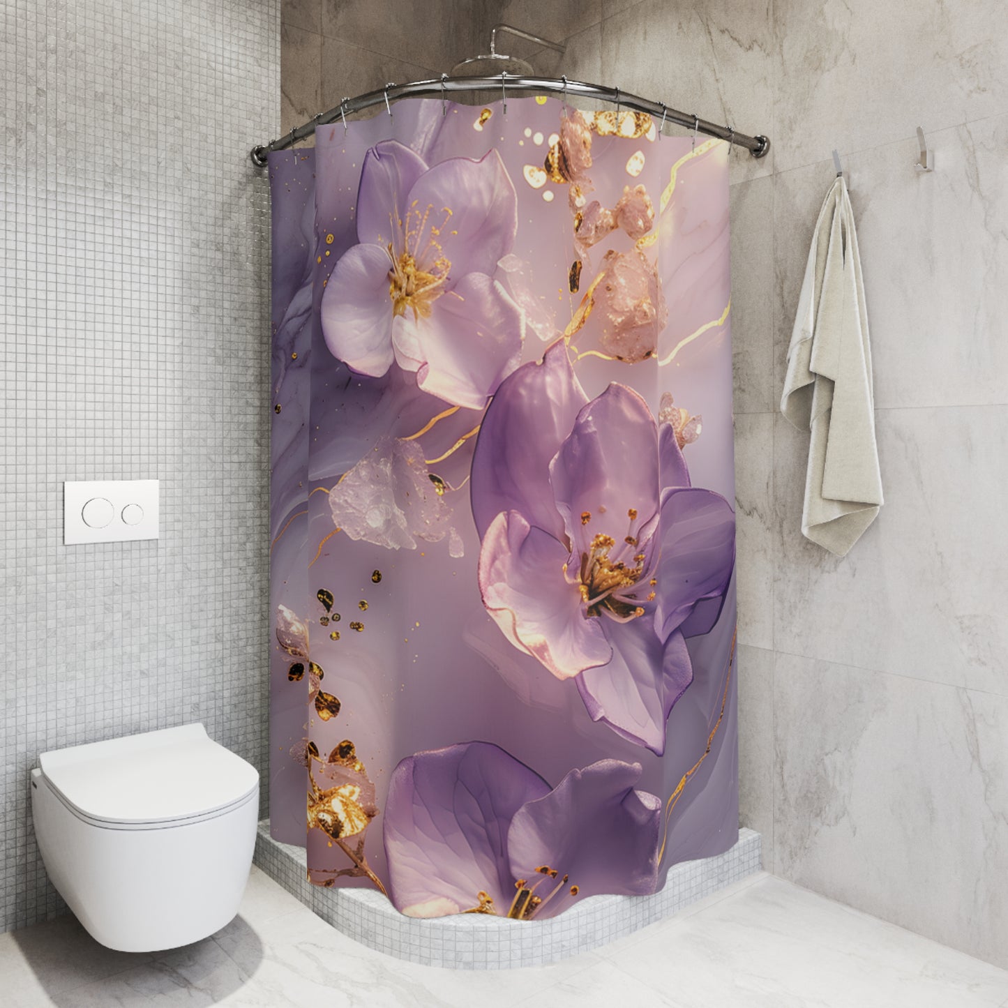 Floral Purple Blossom Shower Curtain — Elegant Gold Accent Bathroom Decor