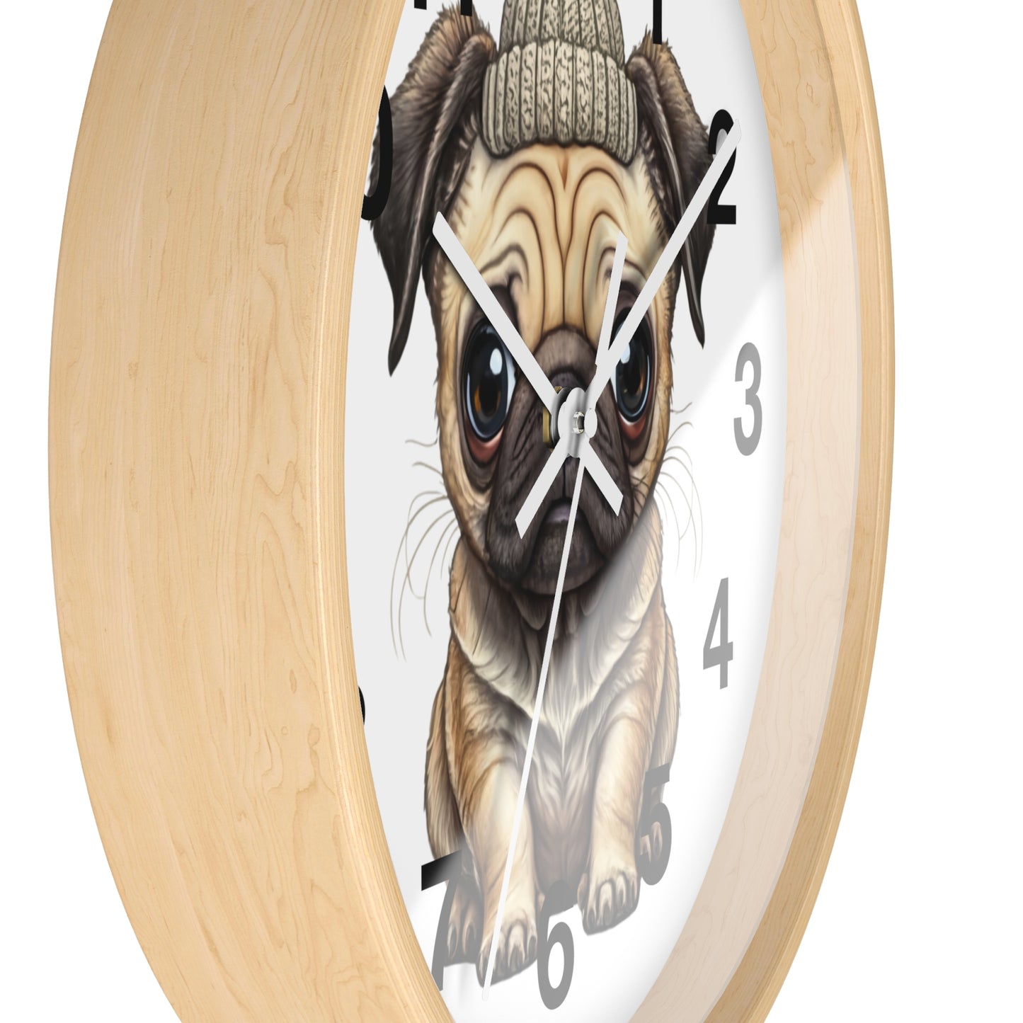 Cute Pug Wall Clock — Adorable Pug Puppy in Beanie Decorative Clock for Dog Lovers
