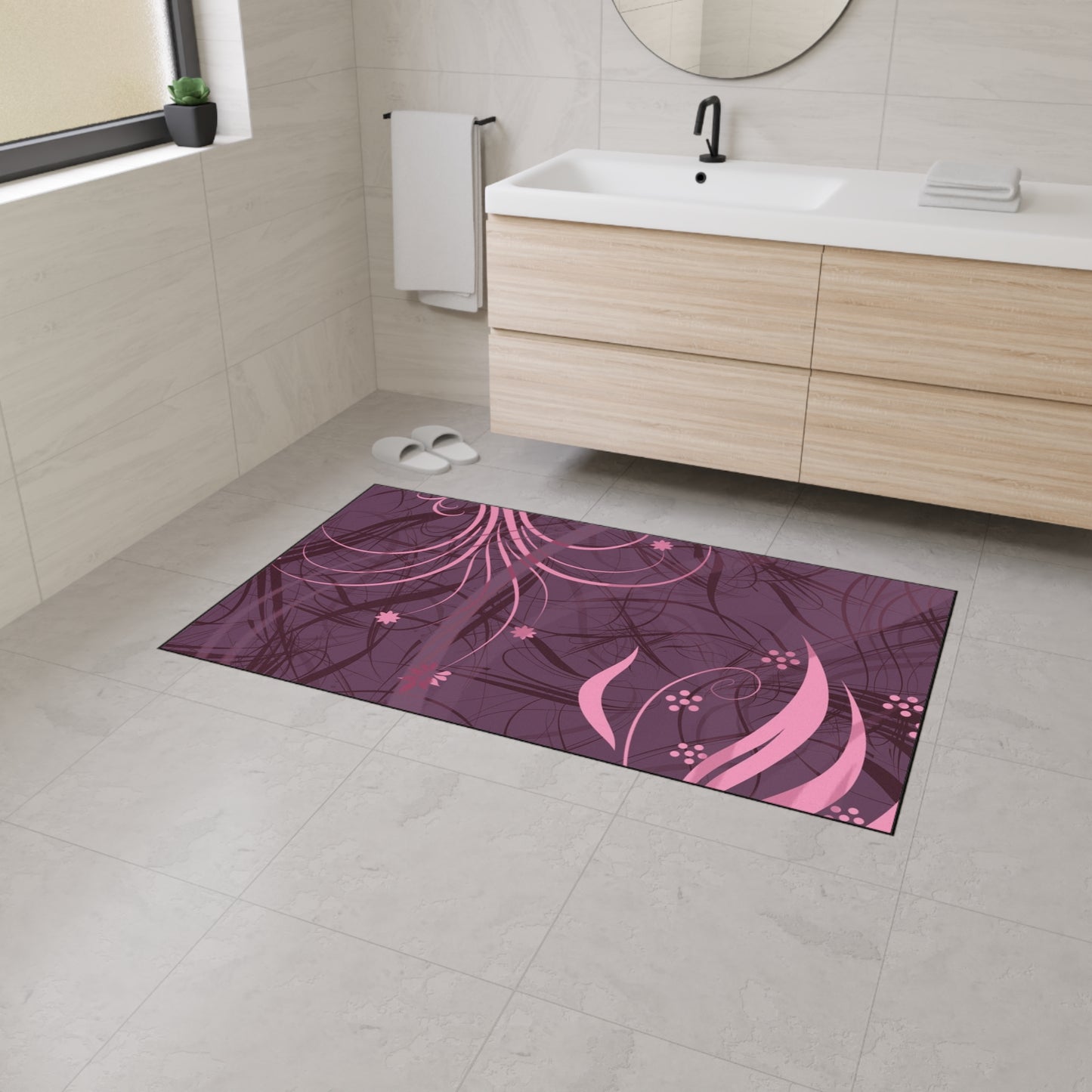 Floral Swirl Heavy-Duty Floor Mat — Pink Abstract Entry Rug
