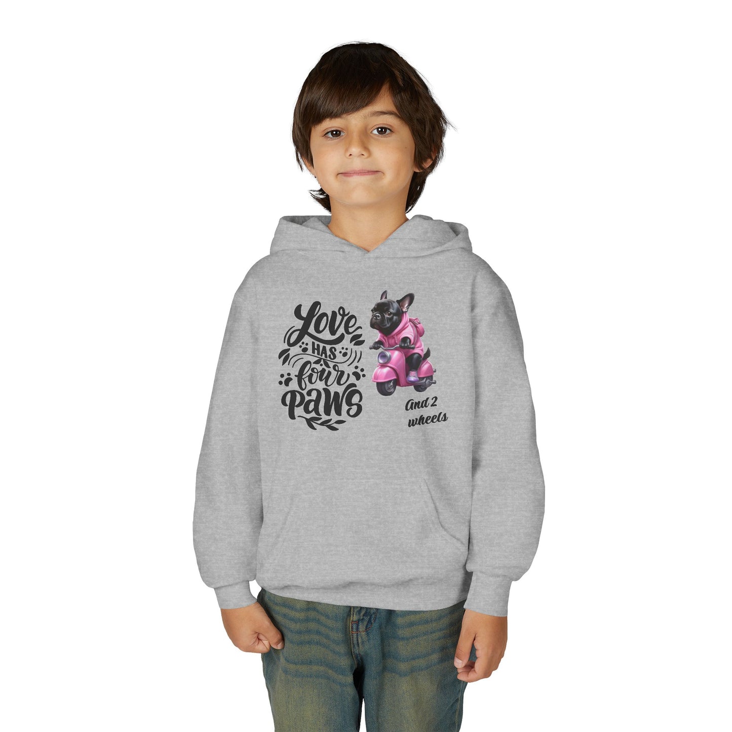Youth Hoodie — "Love Has Four Paws" Pink Scooter French Bulldog Graphic