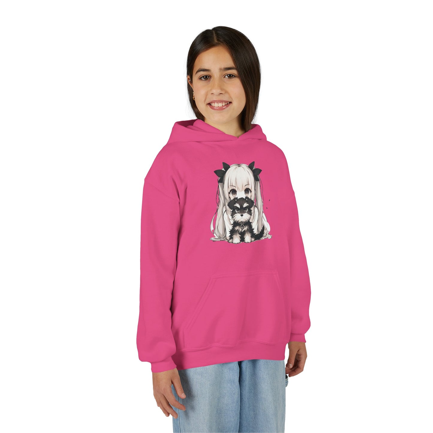Cute Anime Girl & Puppy Youth Hoodie — Kawaii Kids Pullover for Anime Fans
