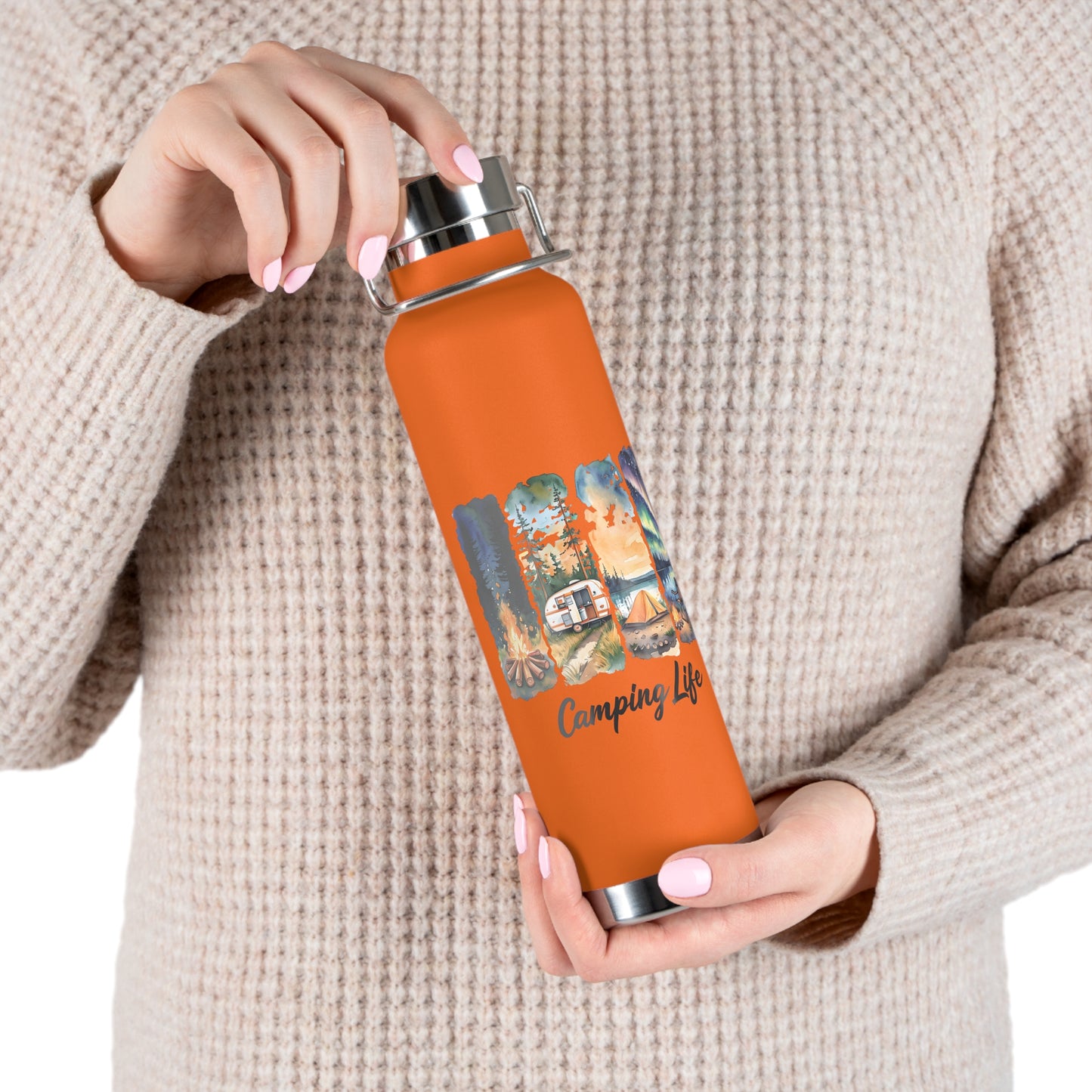 Insulated Camping Water Bottle 22oz — 'Camping Life' Outdoor Vacuum Flask