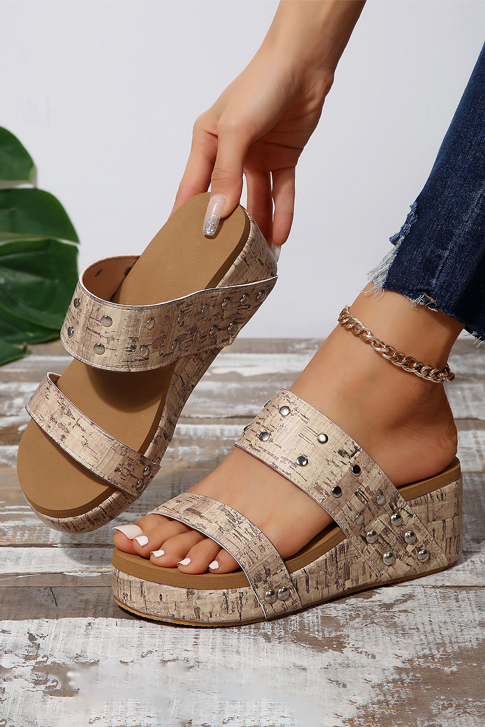 Camel Rivet Double Straps Wedge Sandals