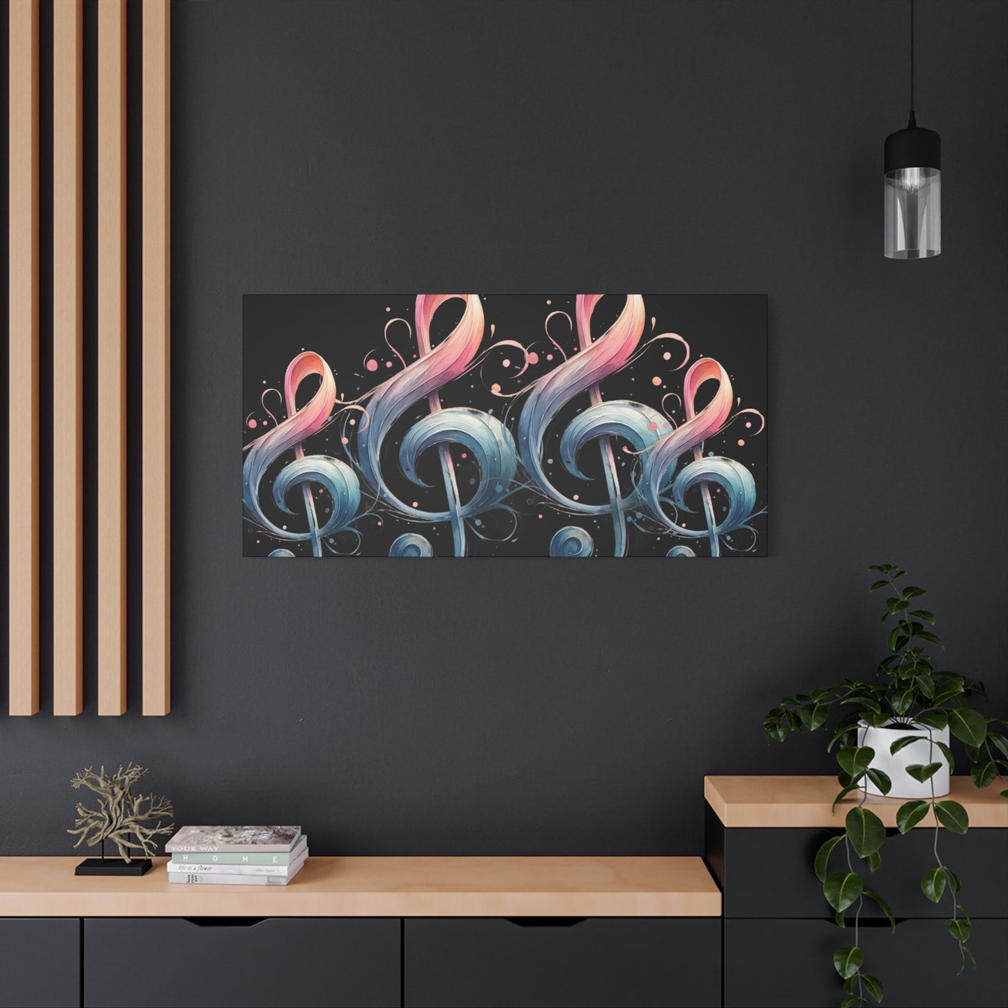 Musical Treble Clef Canvas Wall Art — Pastel Ribbon Notes on Black
