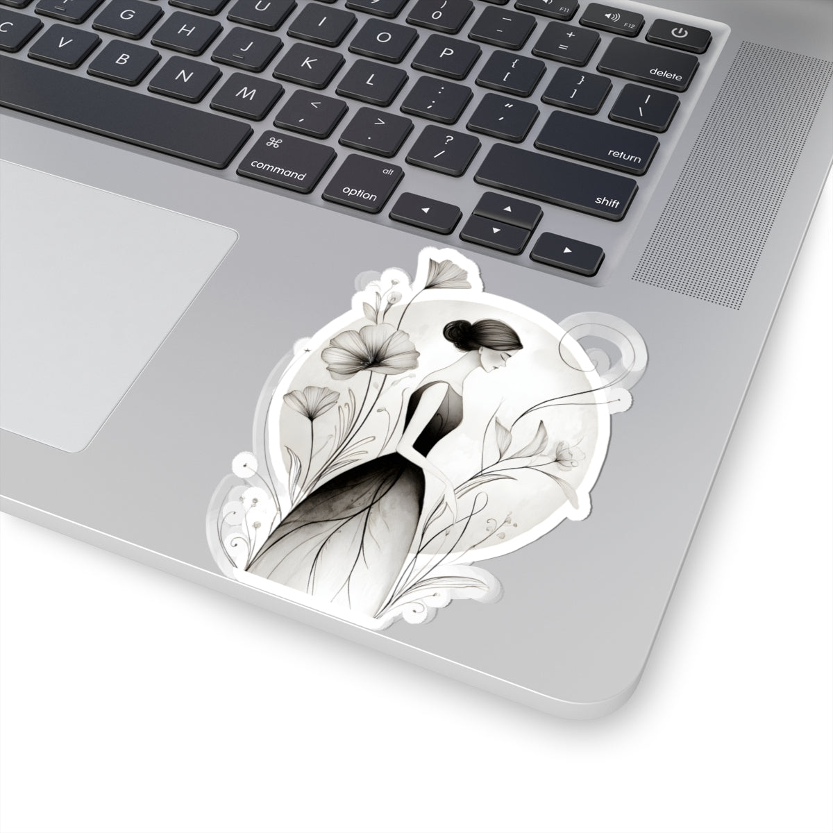 Elegant Floral Girl Kiss-Cut Sticker — Monochrome Botanical Laptop Decal