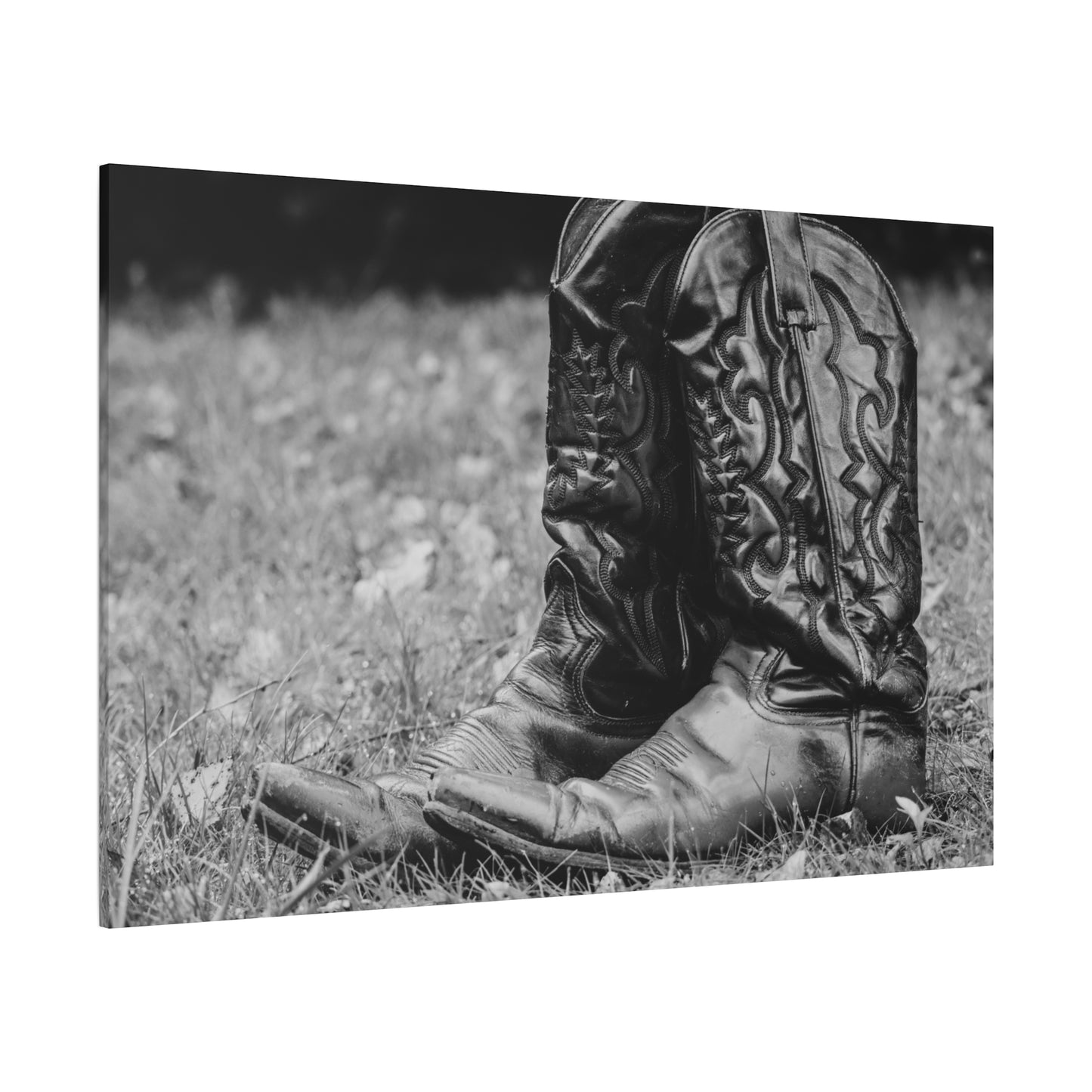 Western Cowboy Boots Matte Canvas Wall Art – Black & White Rustic Country Decor
