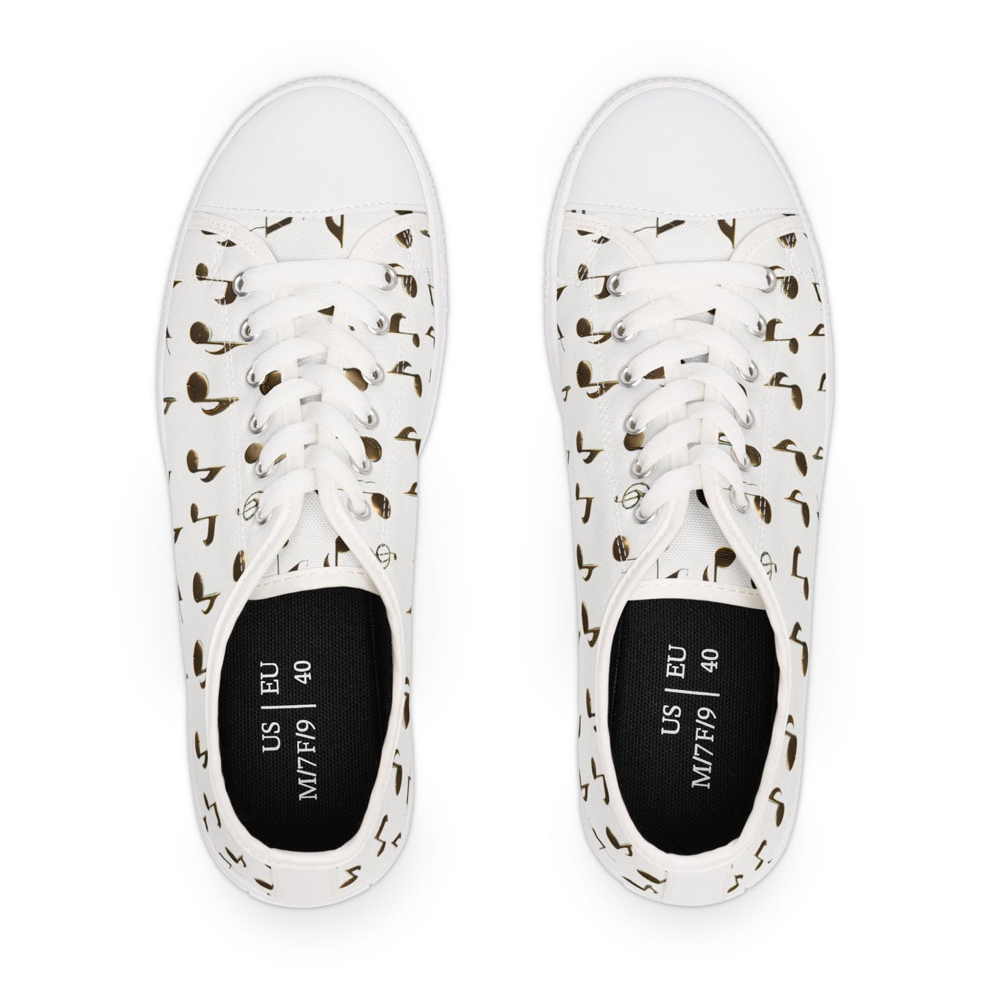 Music Note Low-Top Sneakers — White Casual Canvas Shoes with Musical Notes Pattern