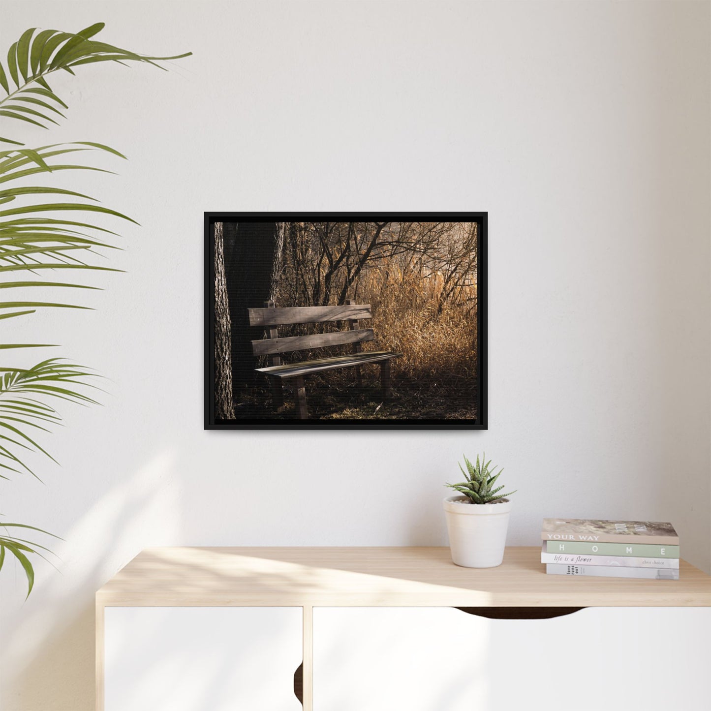 Framed Matte Canvas Print — Autumn Park Bench Photography