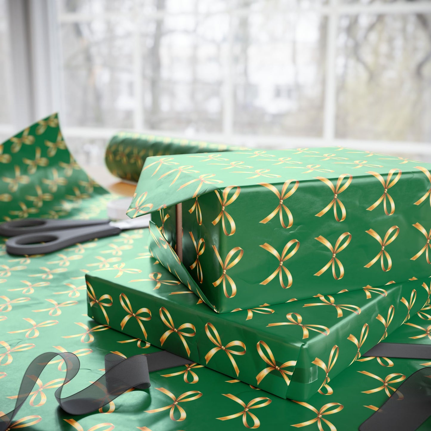 Green Wrapping Paper Roll — Gold Bow Pattern