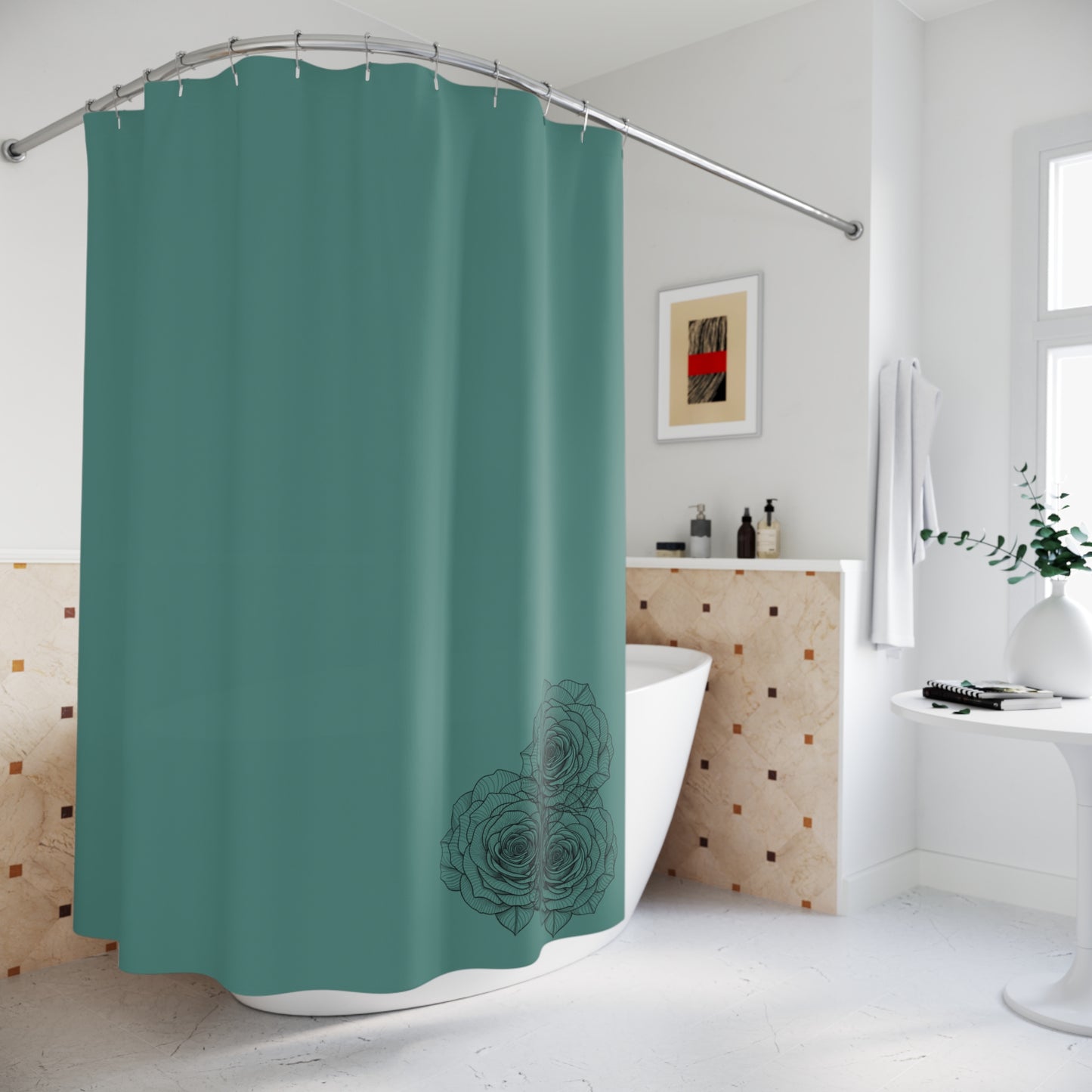Elegant Teal Shower Curtain, Modern Bathroom Decor, Floral Print, Home Spa, Gift for Her, Relaxing Ambiance