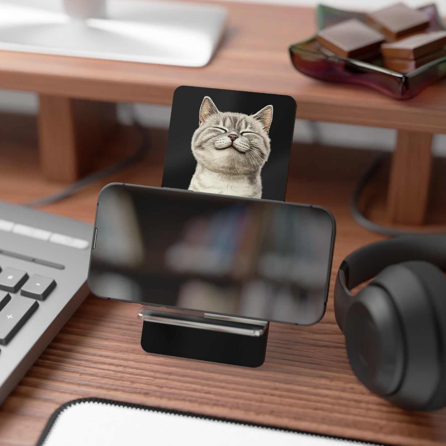 Cat Smiles Phone Stand — Cute Smartphone Display Stand with Smiling Kitten Design