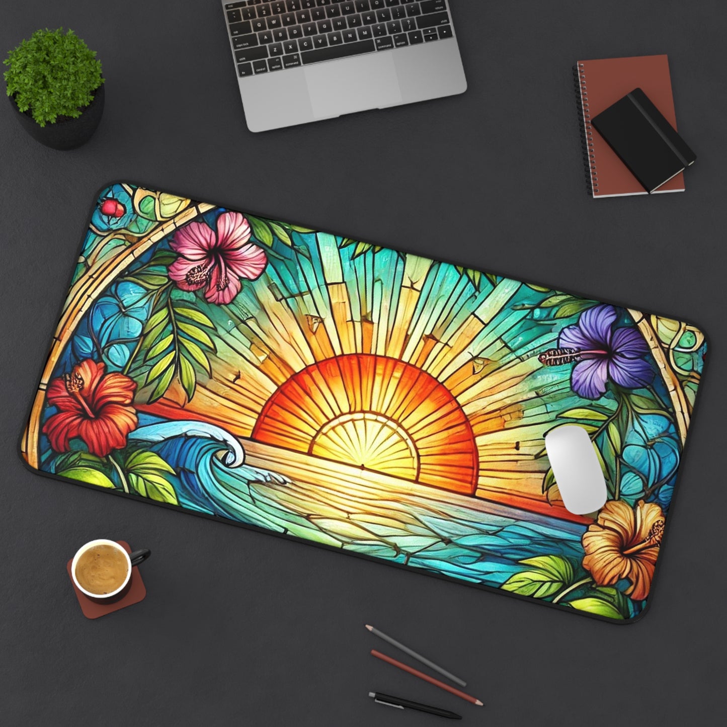 Sunset Tropical Desk Mat — Stained-Glass Sunrise Beach Mouse Pad
