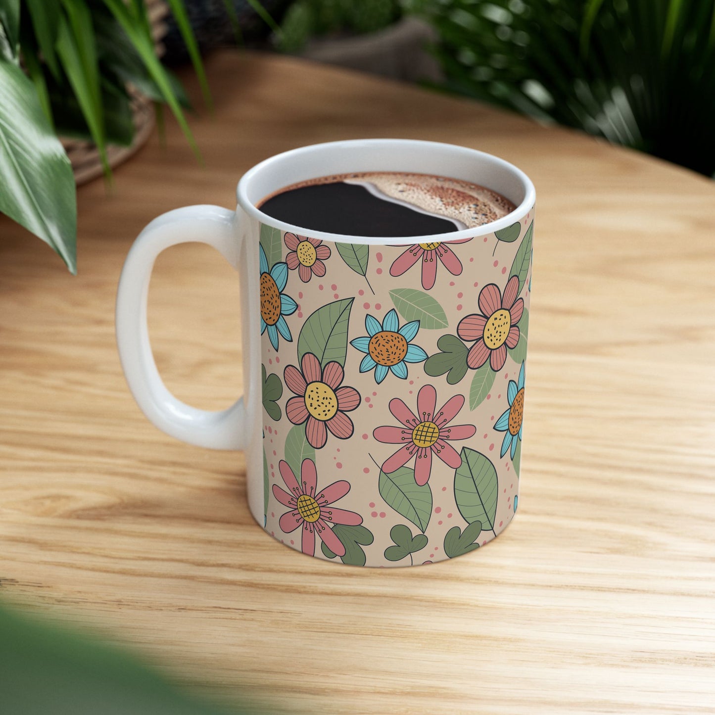 Floral Doodle Ceramic Mug – Retro Flower Pattern Coffee Cup (11oz & 15oz)