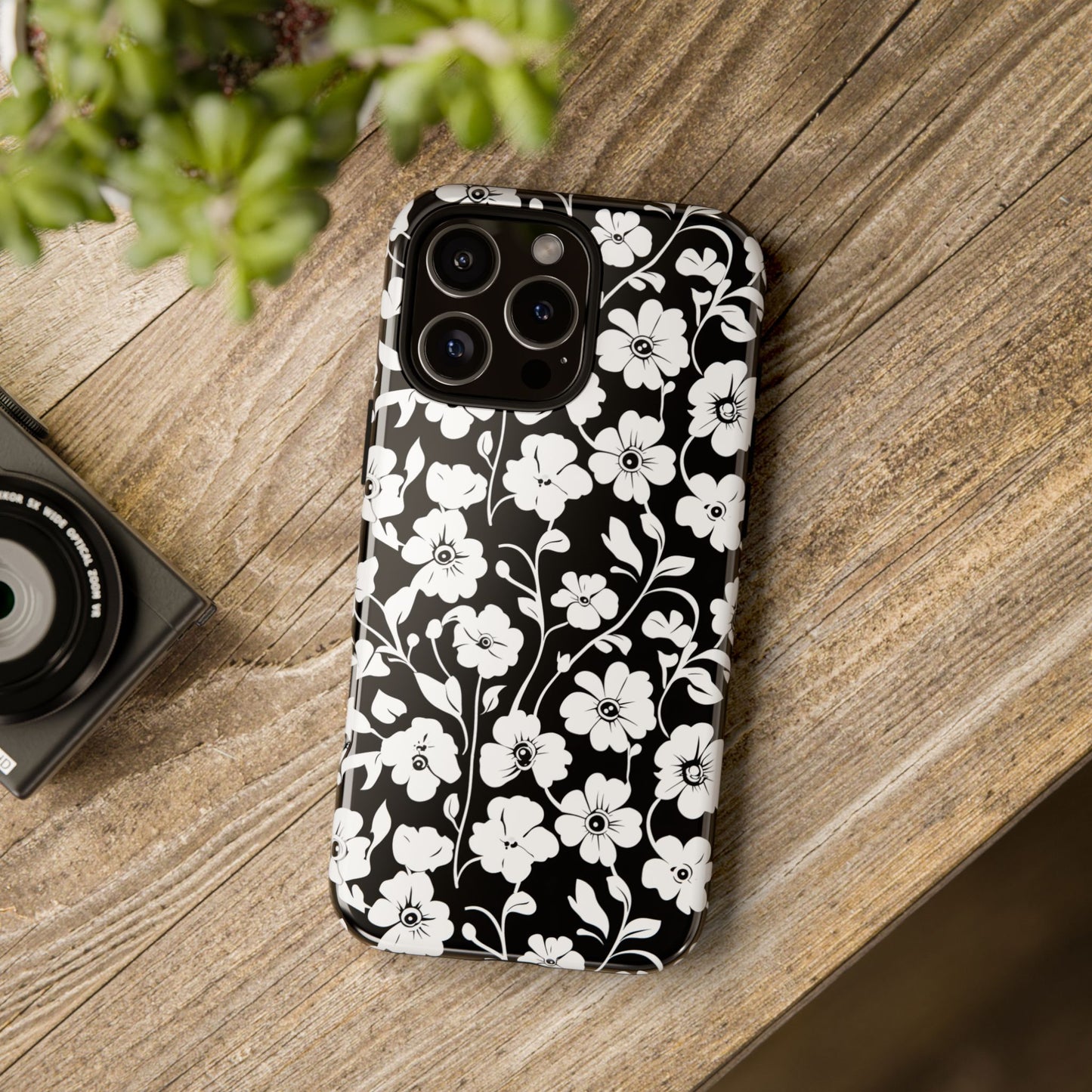 Floral Noir Tough Phone Case — Black & White Flower Protective Cover
