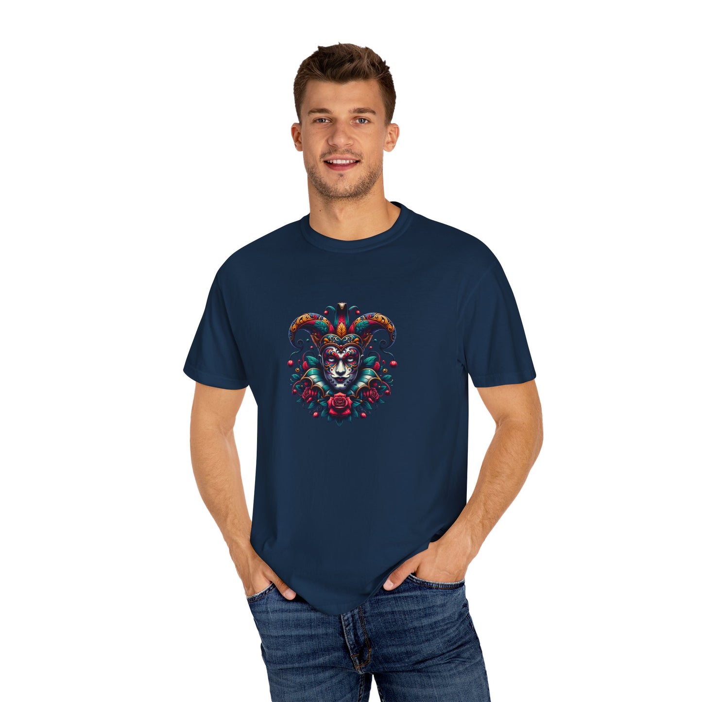 Vibrant Graphic Unisex T-Shirt with Floral Mask Design, Casual Wear, Festival Outfit, Gift for Friends, Unique Fashion Statement