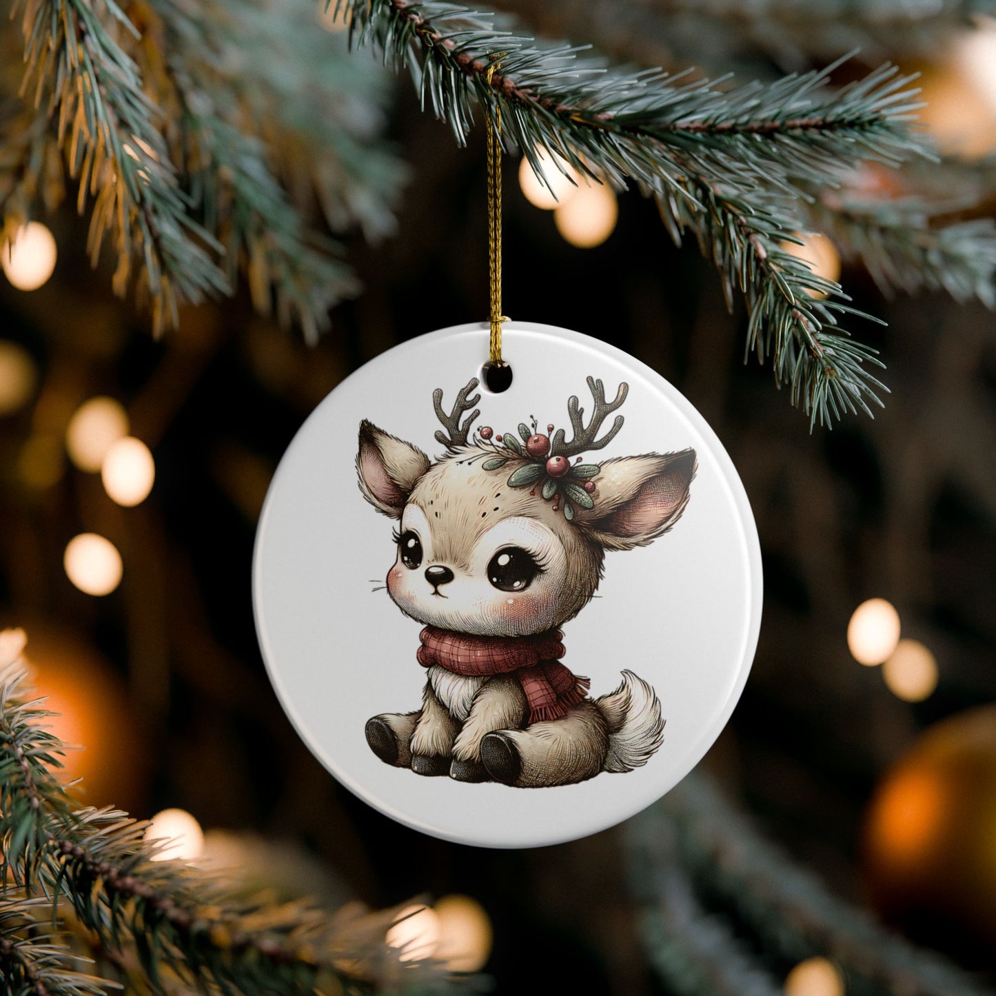 Cute Baby Reindeer Ceramic Ornament – Two-Sided Holiday Tree Decoration