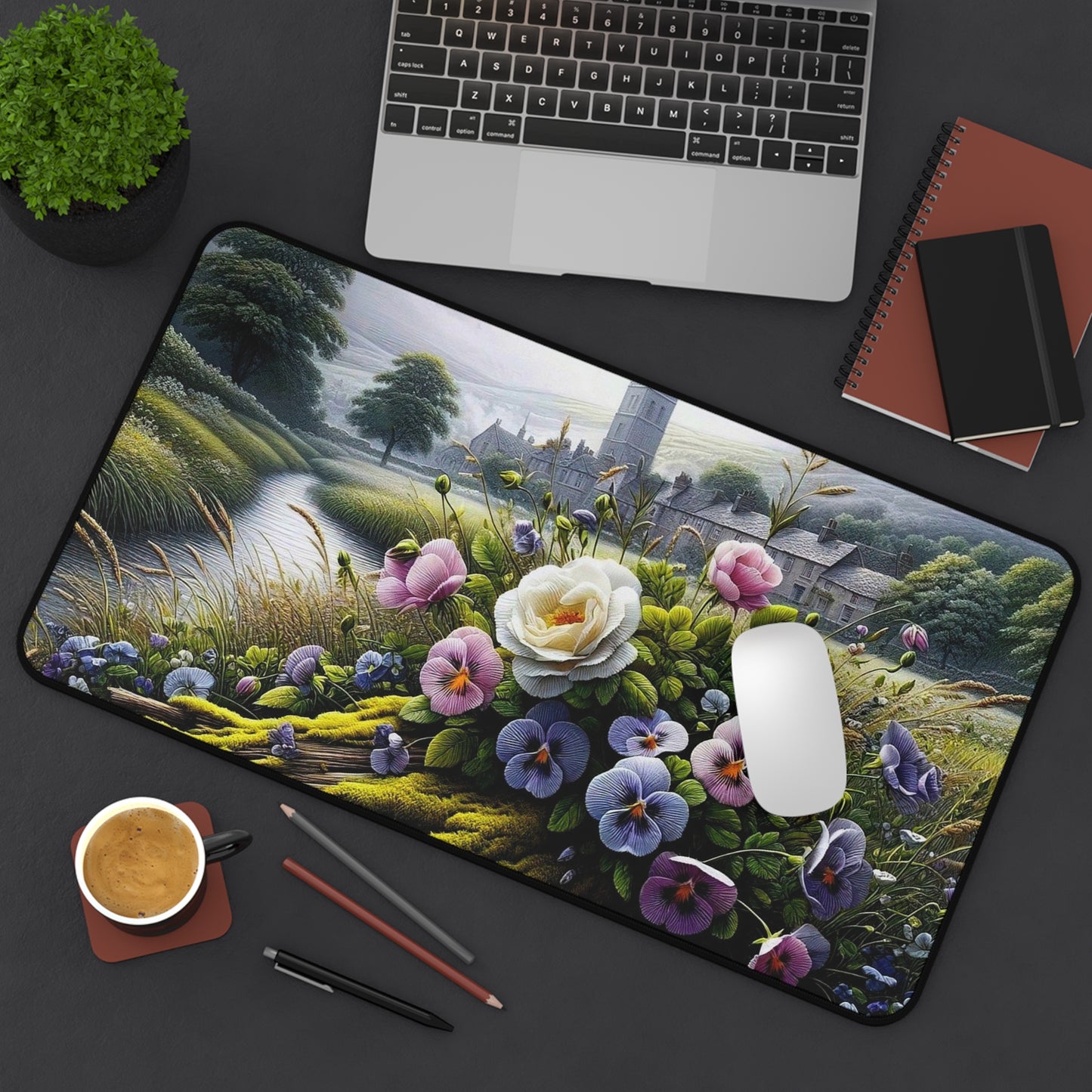 Floral Cottage Desk Mat — Vintage Pansies & Rose Desk Pad