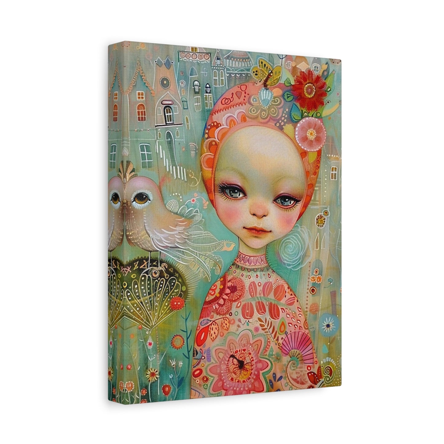 Whimsical Girl & Bird Matte Canvas Wall Art — Stretched Decorative Painting