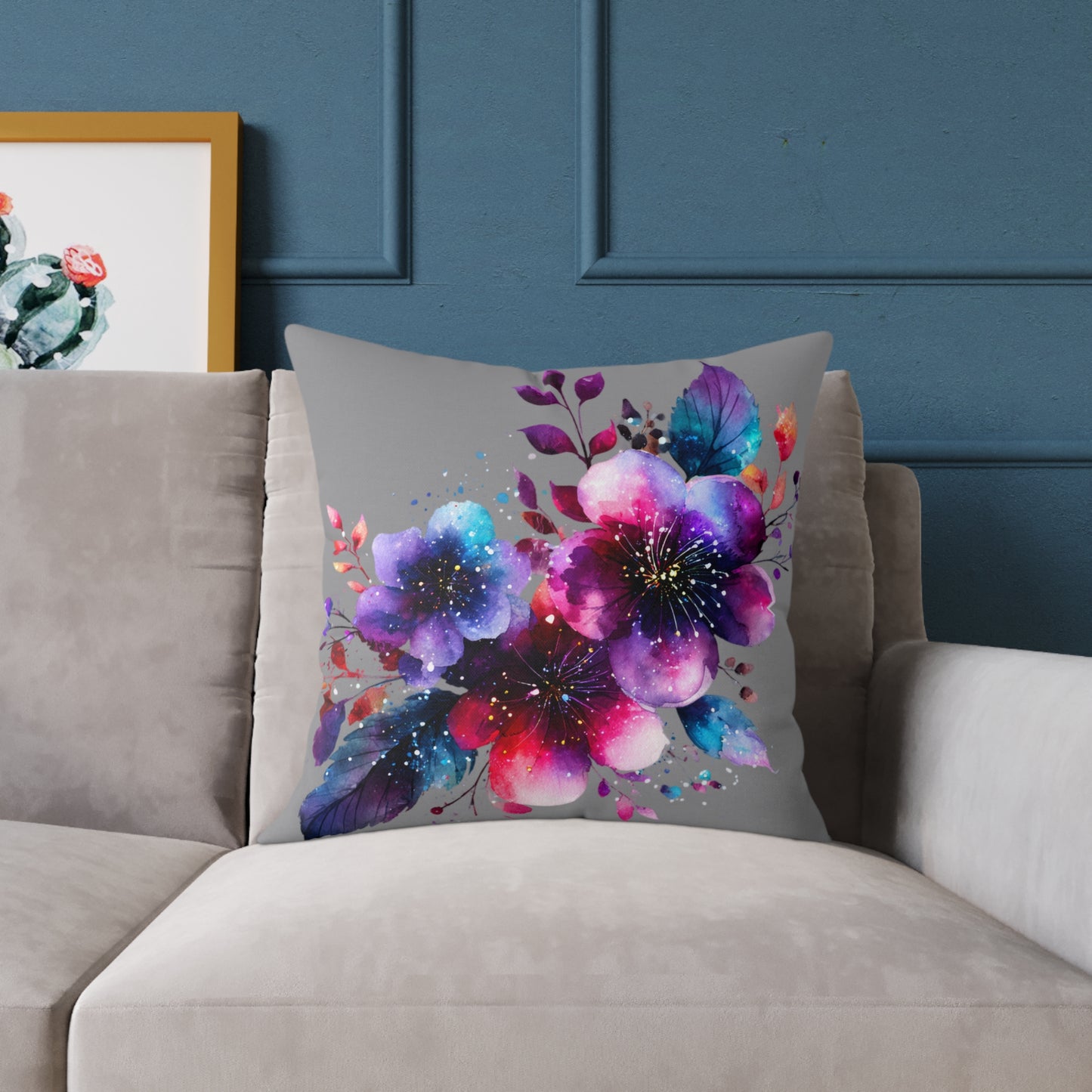 Floral Galaxy Pillow — Vibrant Watercolor Flower Square Pillow