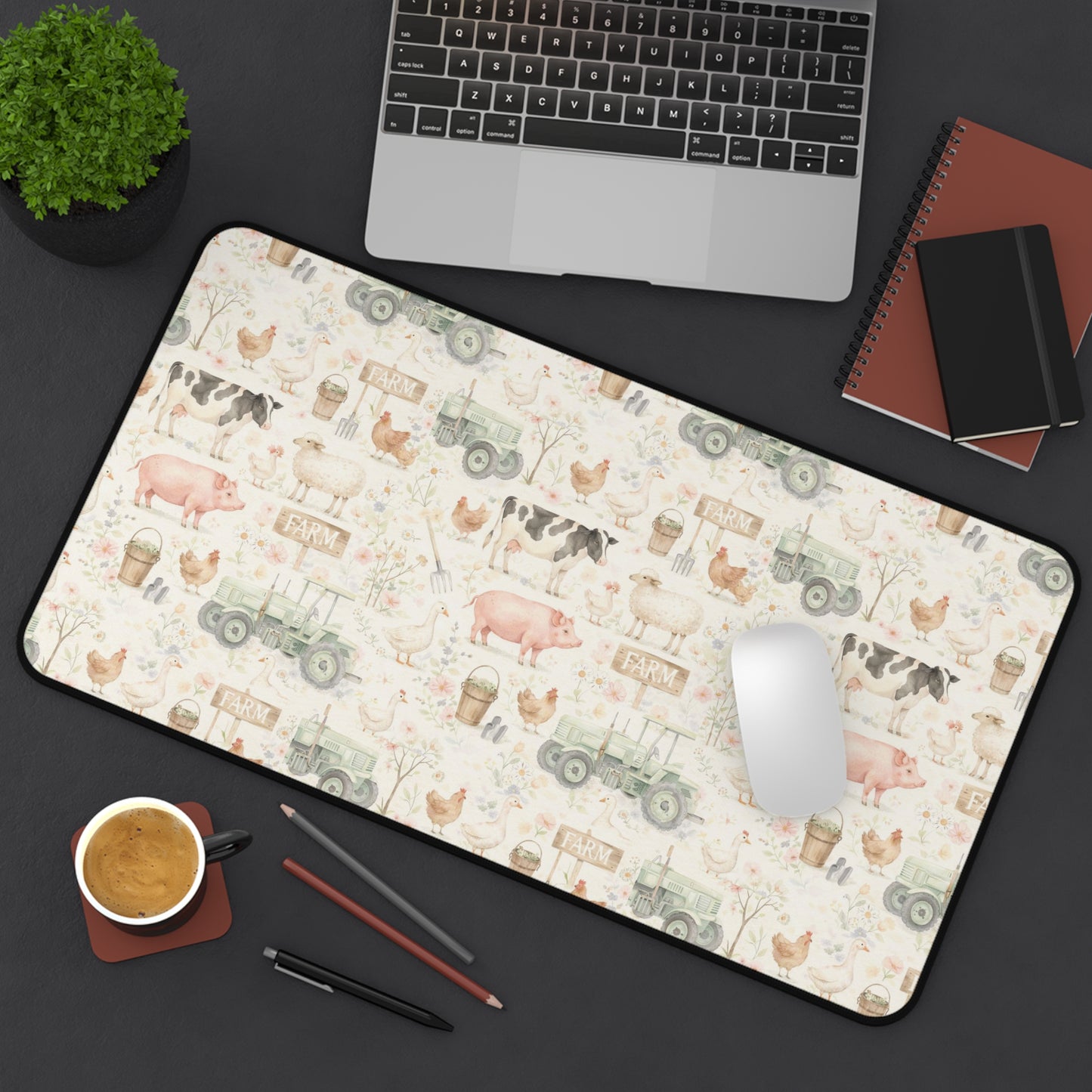 Farmhouse Animals Desk Mat — Vintage Tractor, Pig & Chicken Pattern