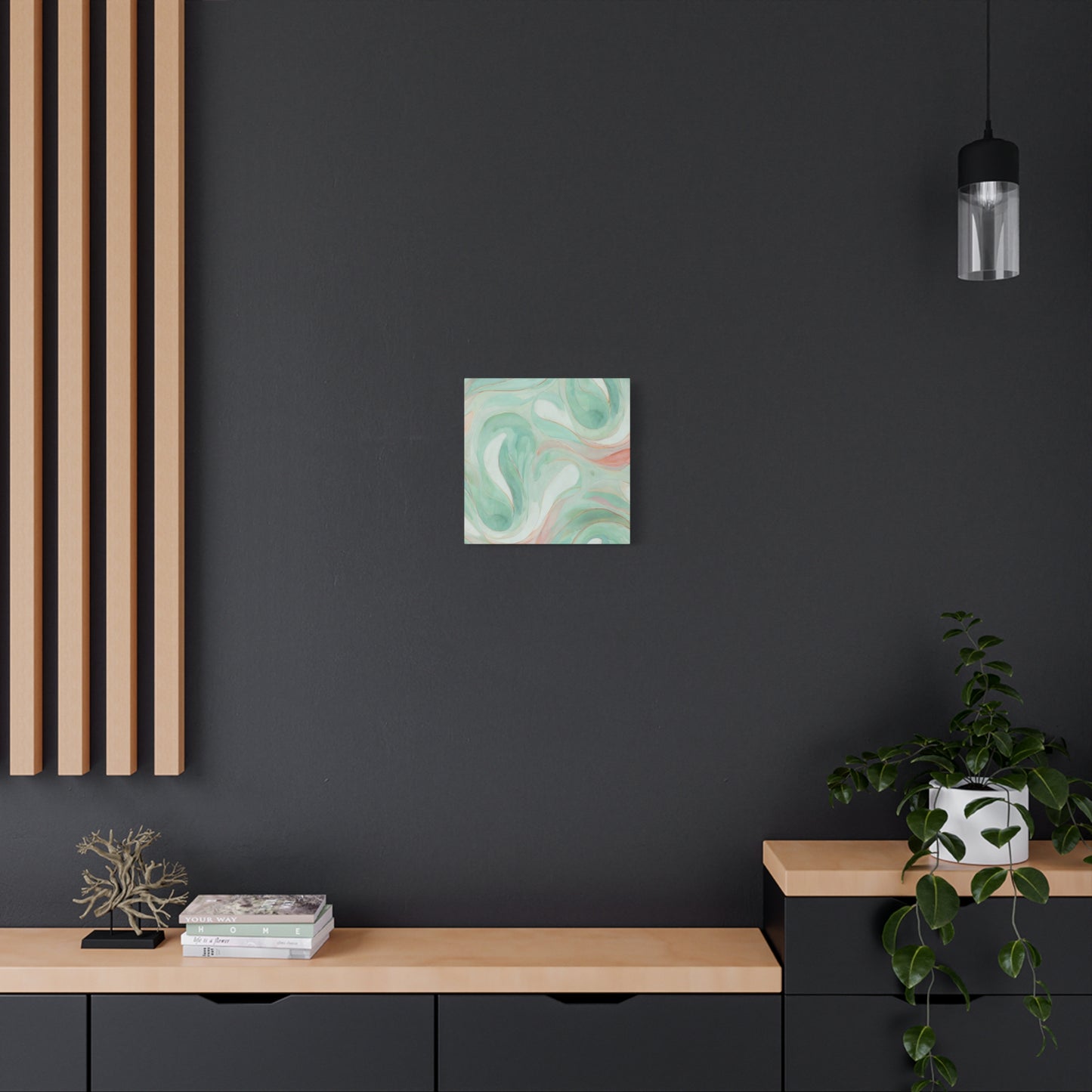 Abstract Green Marble Canvas Print — Teal & Coral Swirl Wall Art