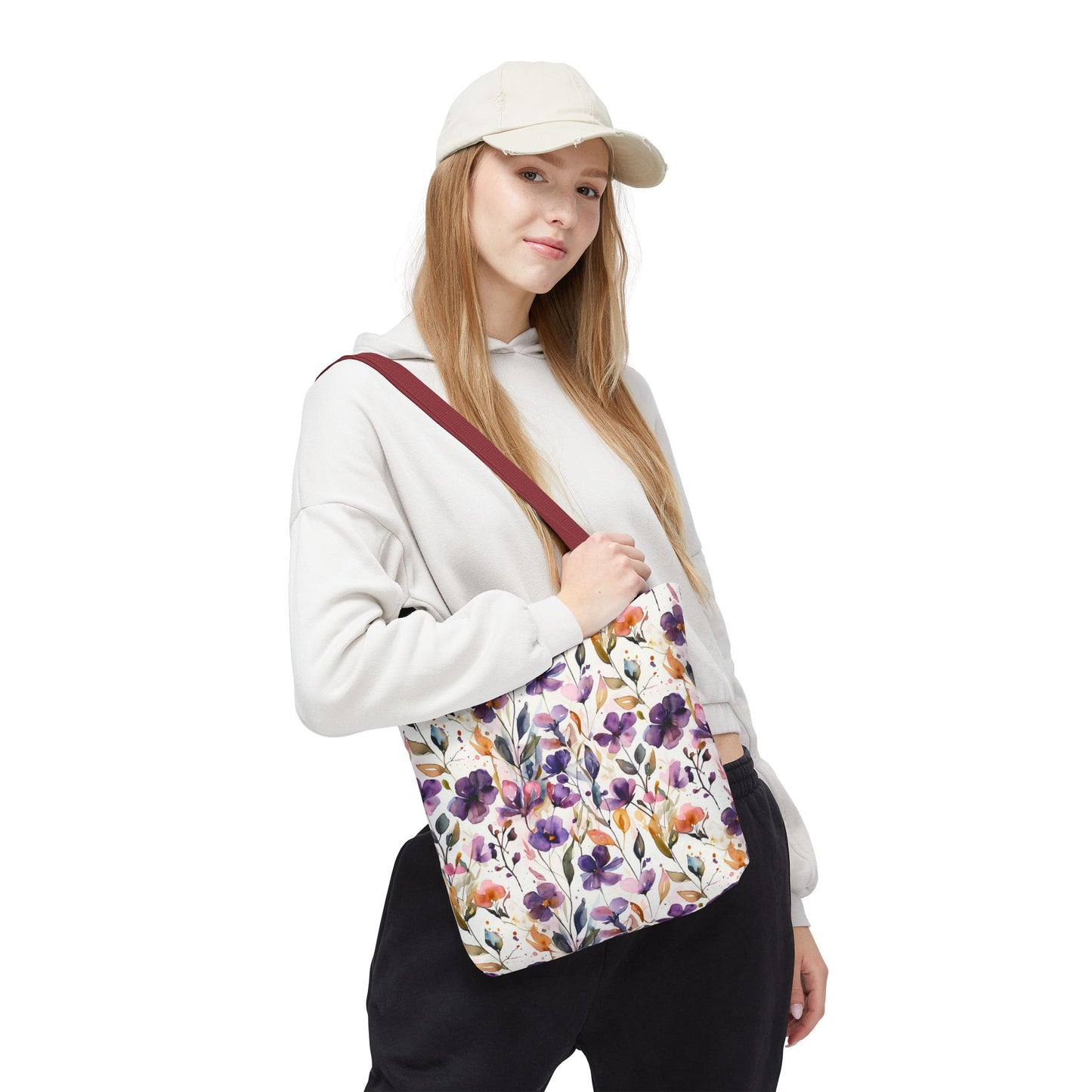 Floral Watercolor Tote Bag — Purple & Orange Botanical All-Over Print