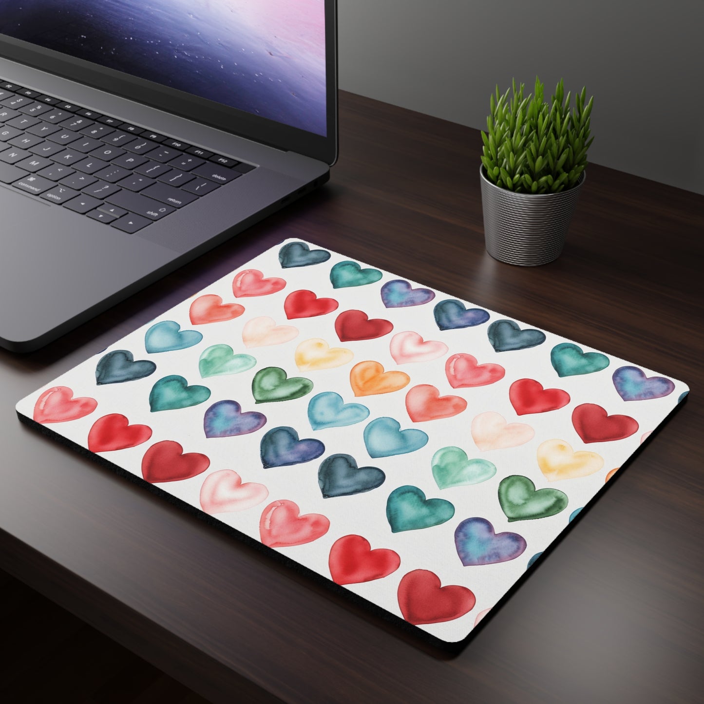 Colorful Watercolor Hearts Rectangular Mouse Pad — Vibrant Desk Mousepad for Home & Office