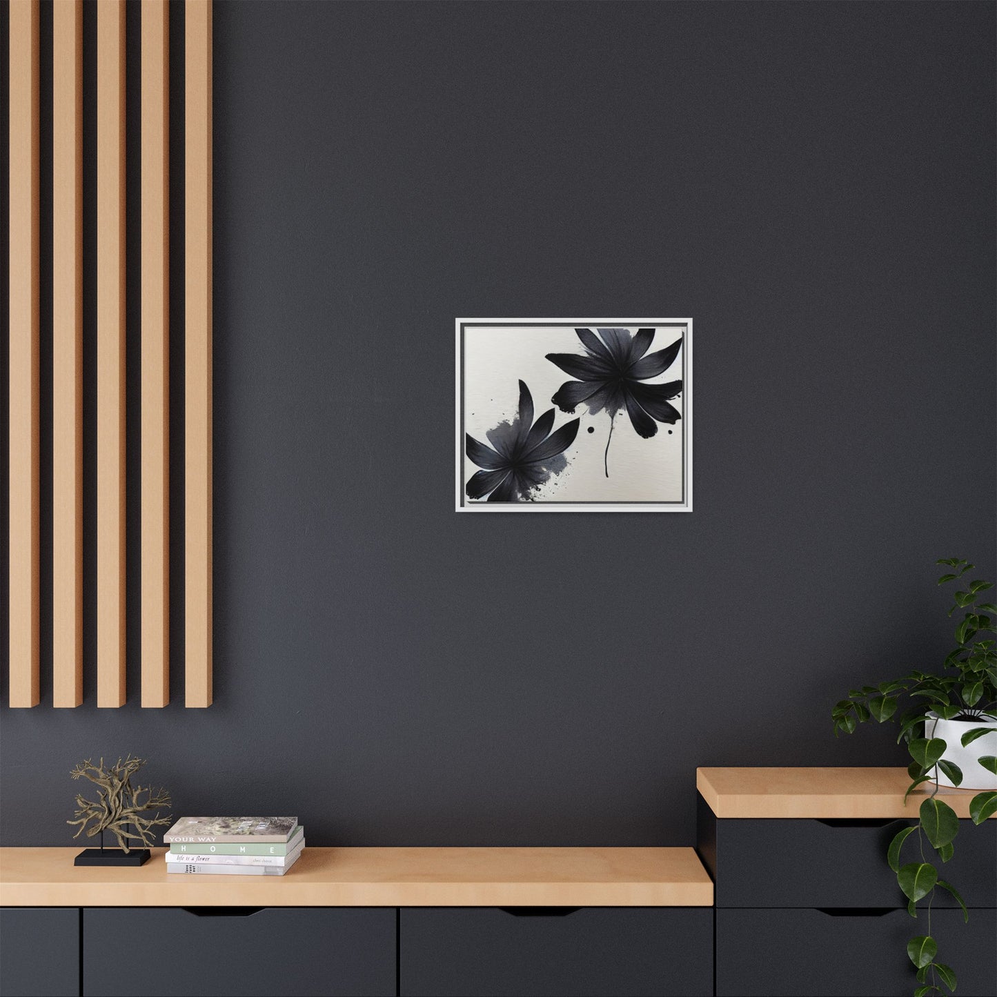 Framed Black Floral Matte Canvas Wall Art — Monochrome Botanical Print