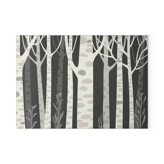 Birch Forest Glass Cutting Board – Monochrome Woodland Kitchen Decor