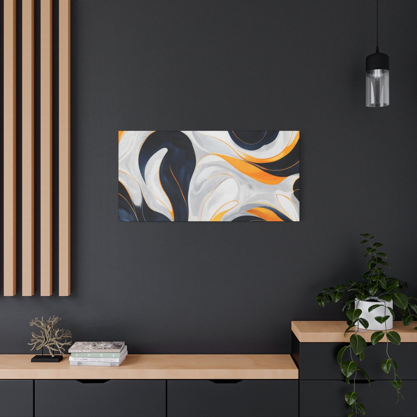 Abstract Fluid Art Matte Canvas Print — Navy, Gold & White Stretched Wall Art