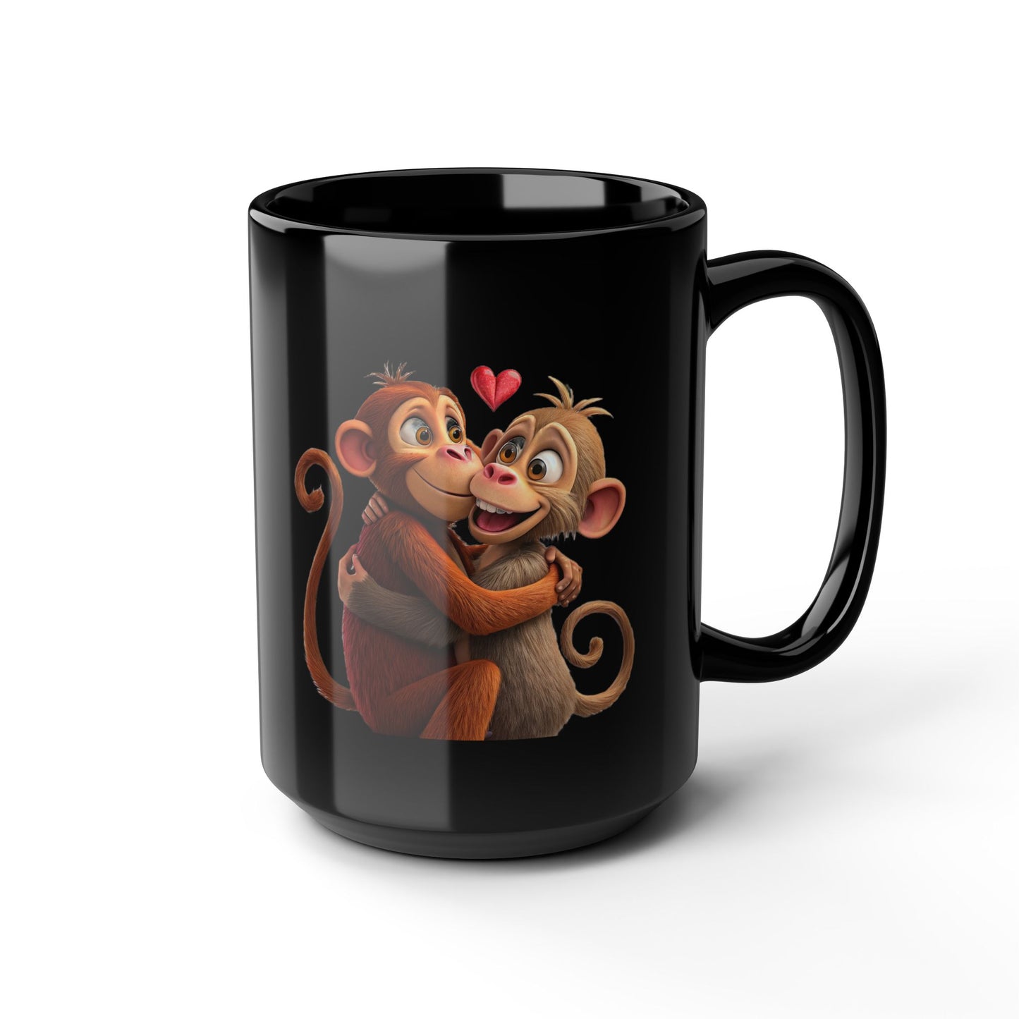 Cute Monkey Couple Black 15oz Coffee Mug — Romantic Valentine’s Gift