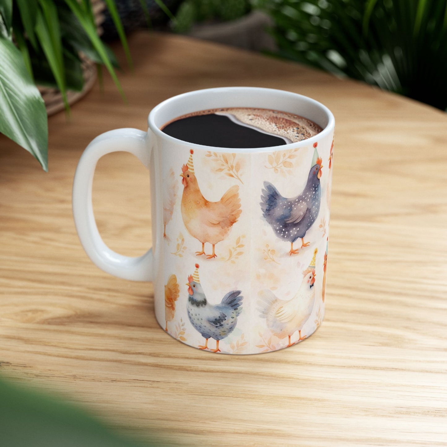 Cute Farm Chicken Mug — Watercolor Hens with Party Hats (11oz, 15oz)