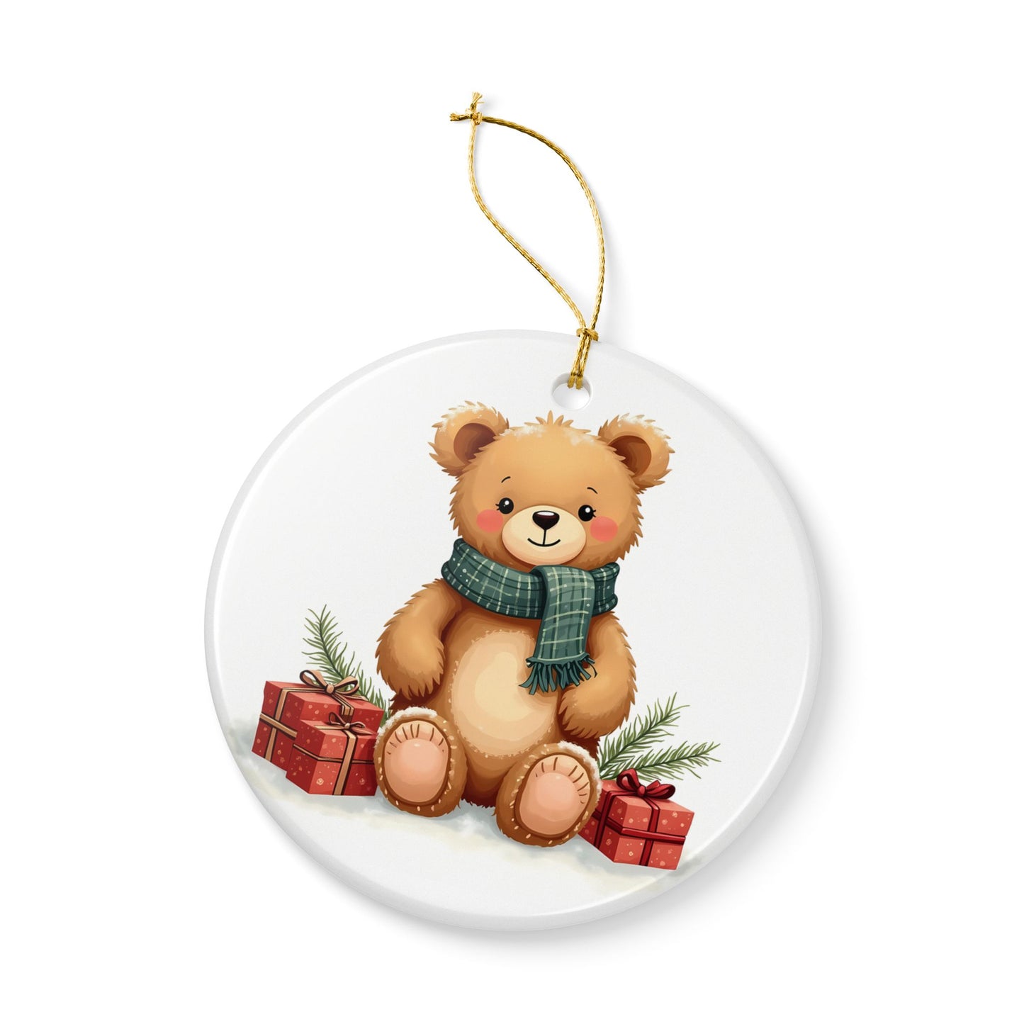 Teddy Bear Christmas Ornament — Cute Holiday Ceramic Tree Decor (Two-Sided)