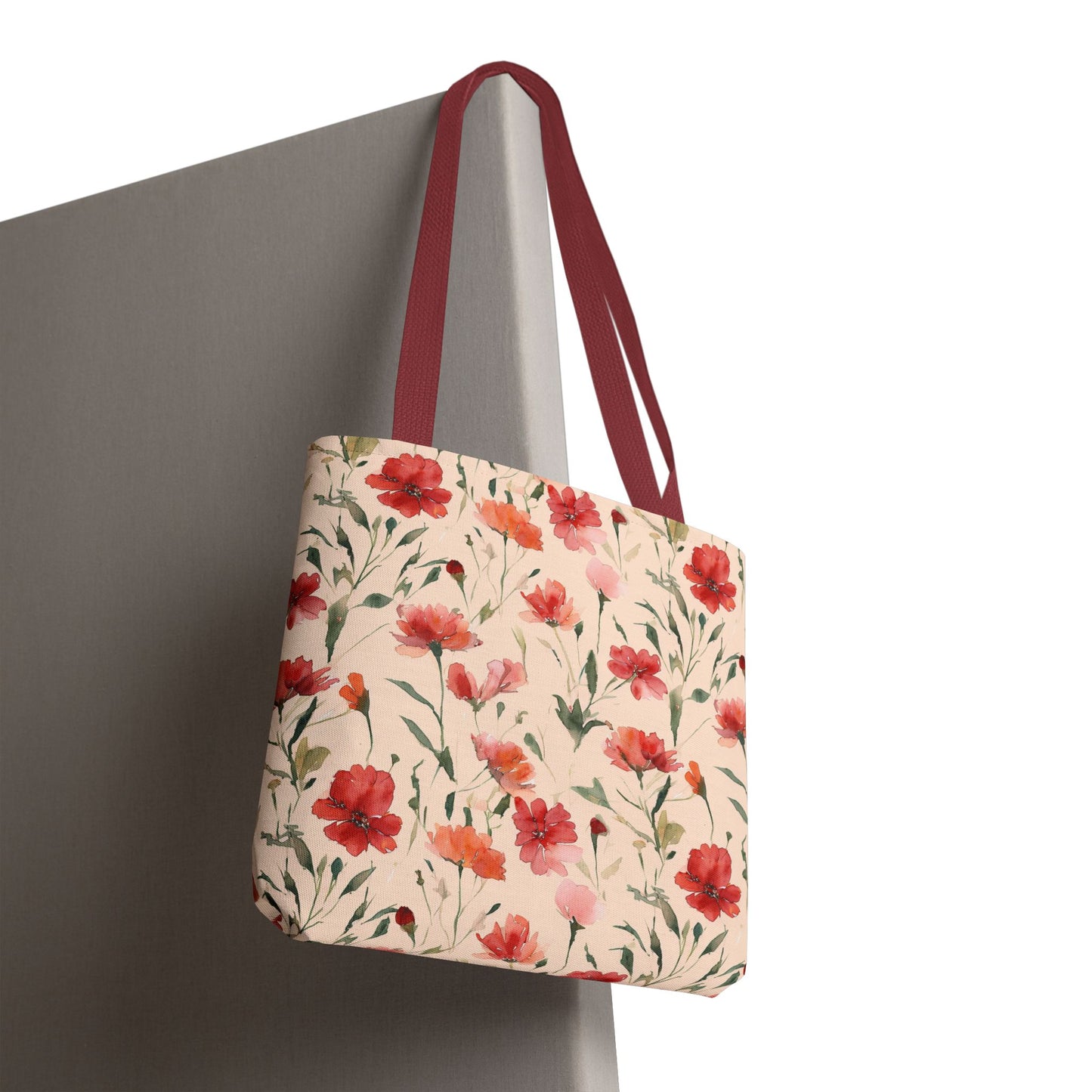 Floral Watercolor Tote Bag — Pink Red Poppy Pattern All-Over Print