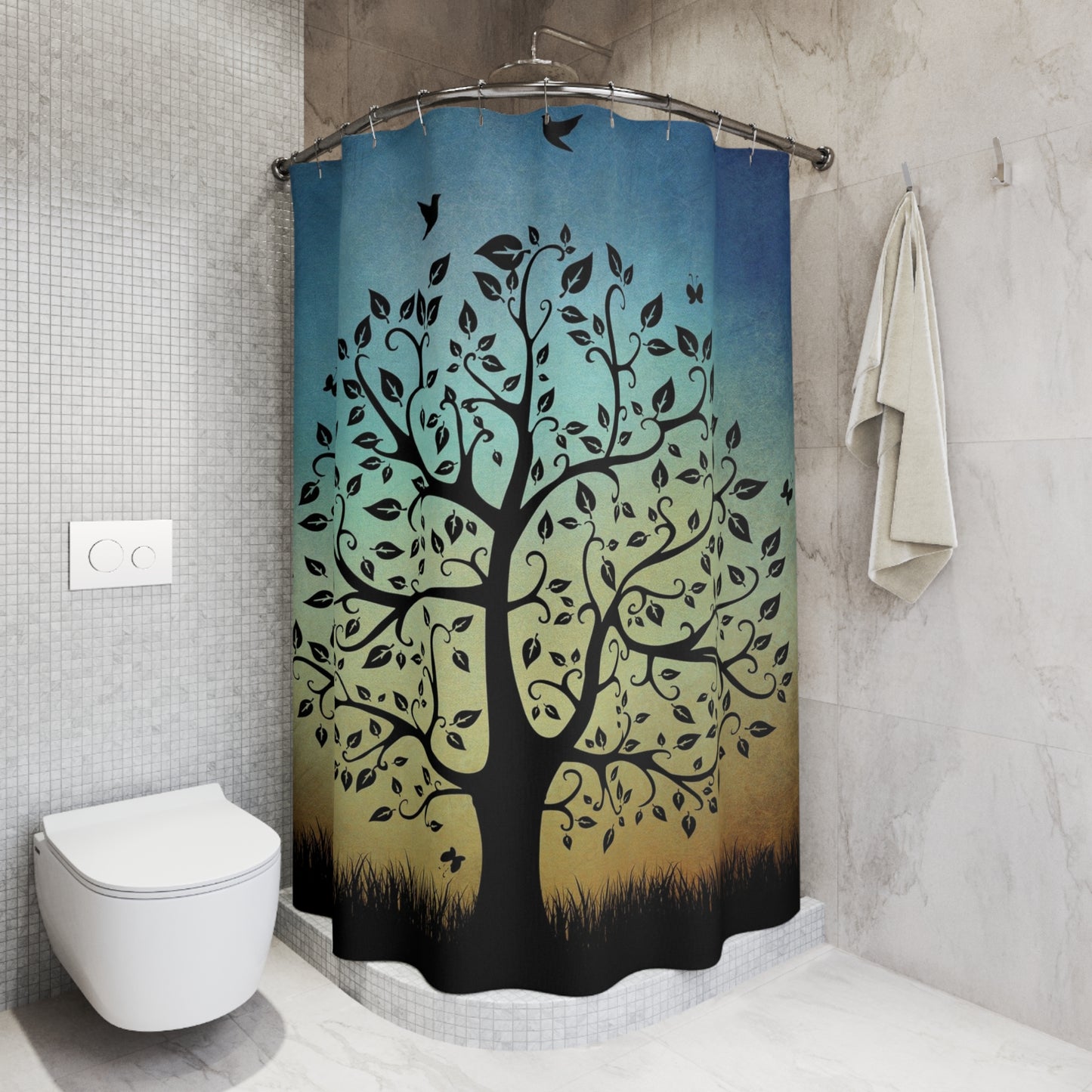 Tree Silhouette Shower Curtain — Bohemian Nature Bathroom Decor