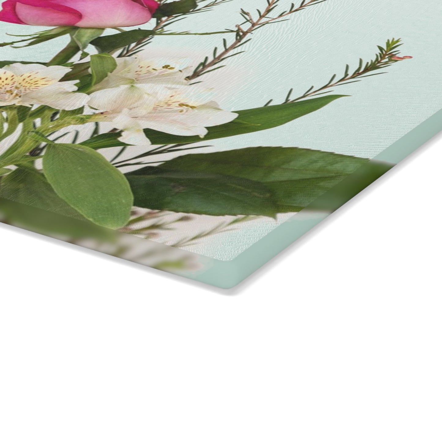 Floral Glass Cutting Board — Pink Rose on Mint Kitchen Prep Surface
