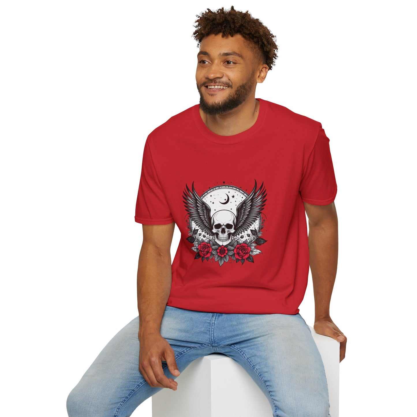 Skull Wings T‑Shirt – Crescent Moon & Red Roses Gothic Graphic Tee