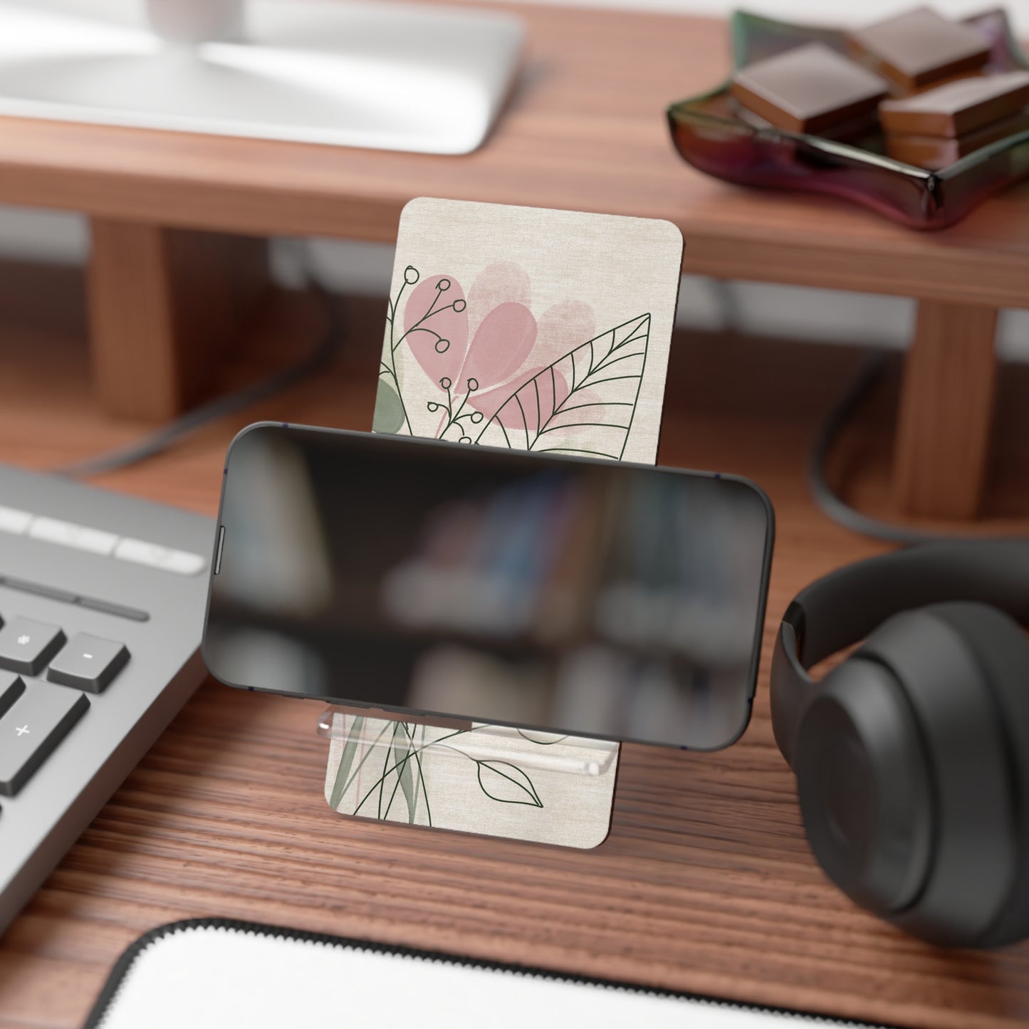 Floral Smartphone Stand, Elegant Desk Decor, Mobile Display Holder, Gift for Her, Home Office Accessory, Birthday Gift, Plant Lover Decor