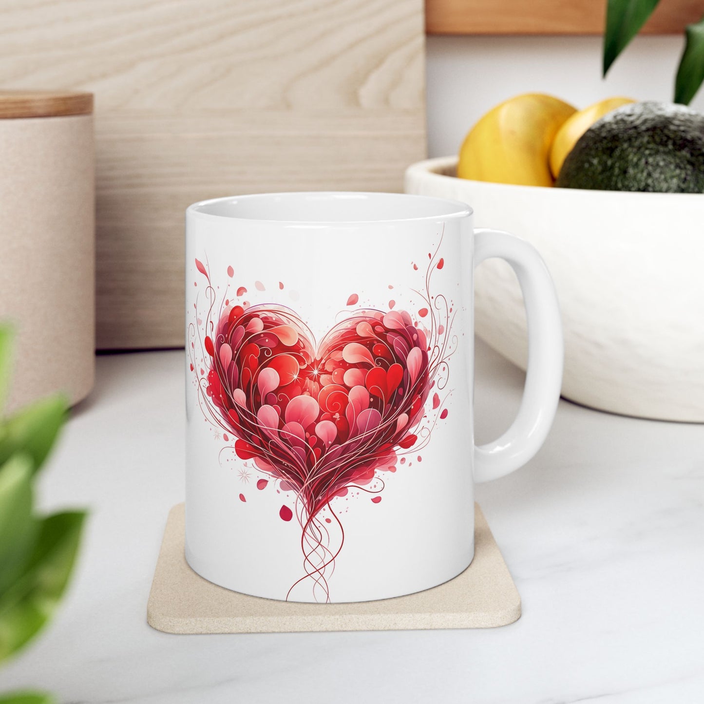 Heart Blossom Ceramic Mug — Red Floral Heart Coffee Cup (11oz, 15oz)