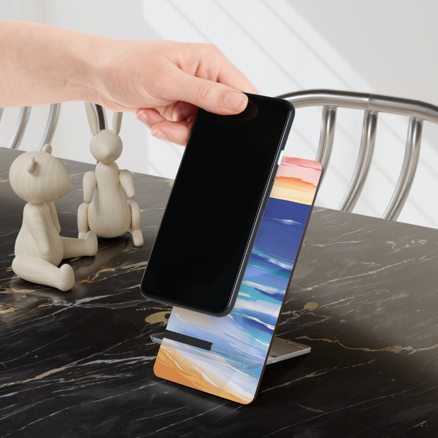 Beach Sunset Phone Stand — Foldable Mobile Display Stand with Abstract Ocean Design